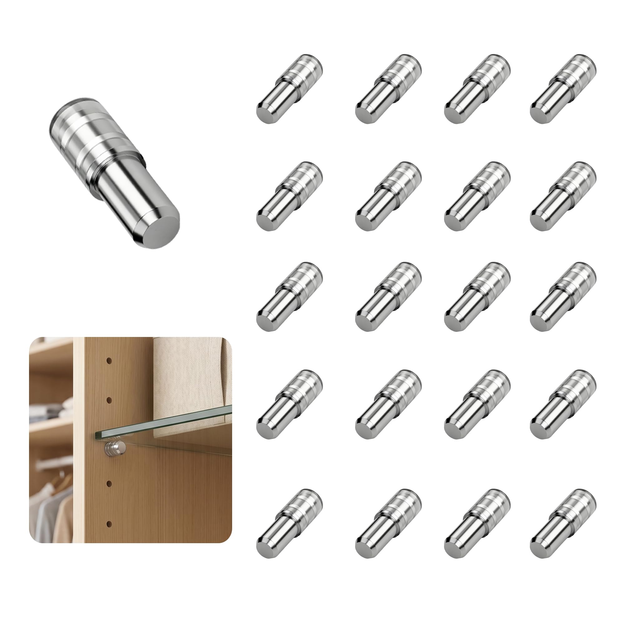 20 Pack 5mm Cabinet Shelf Pins for Adjustable Shelves, Zinc Alloy with Anti-Slip Top, Heavy Duty Cabinet Pegs for Kitchen Cabinets, Closet, Bookshelf (Clear)