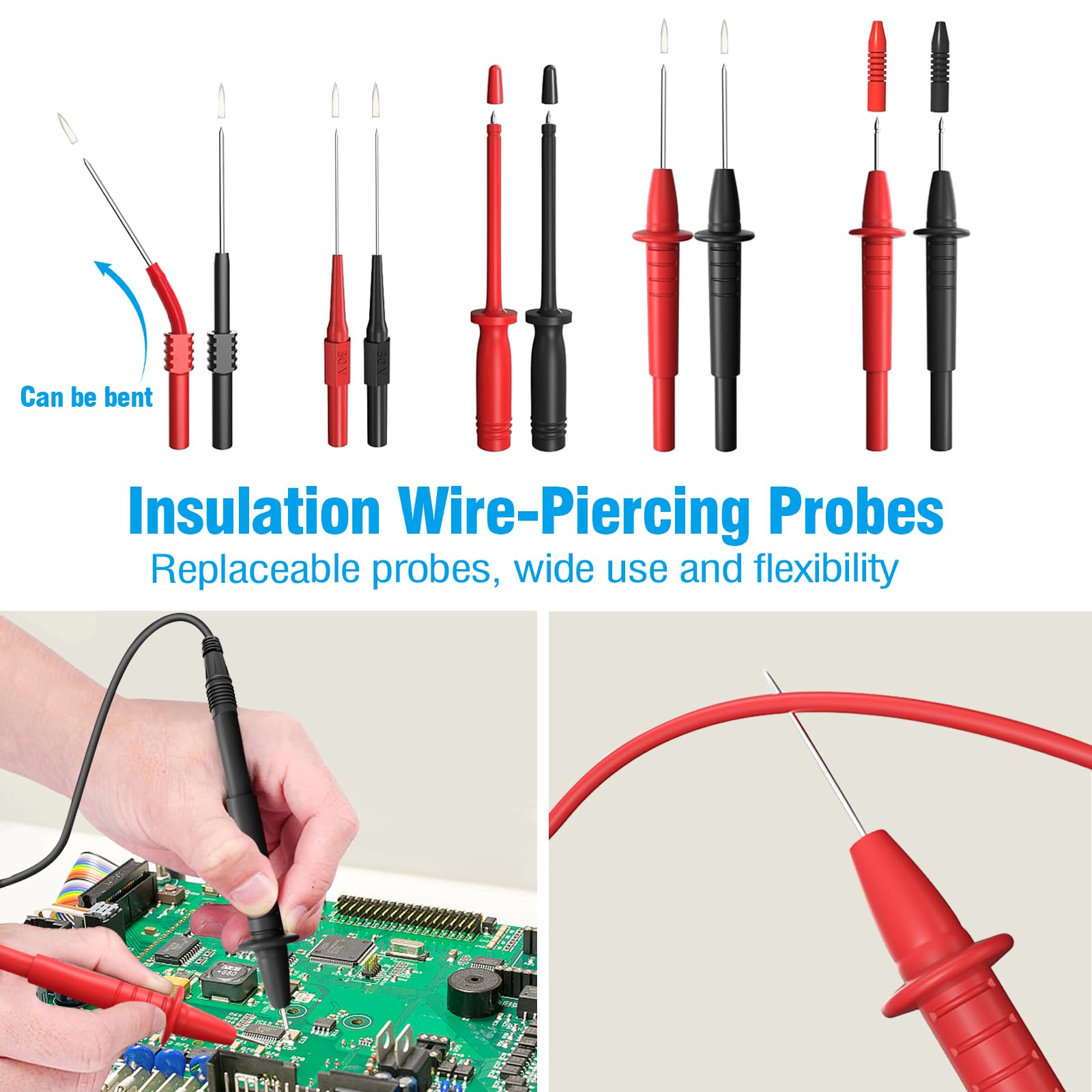 Puntali per test multimetro, set di puntali con clip coccodrillo sostituibili, sonde perforanti, clip coccodrillo, clip gancio per test, pinzette per test per multimetri elettrici digitali - 25 pezzi