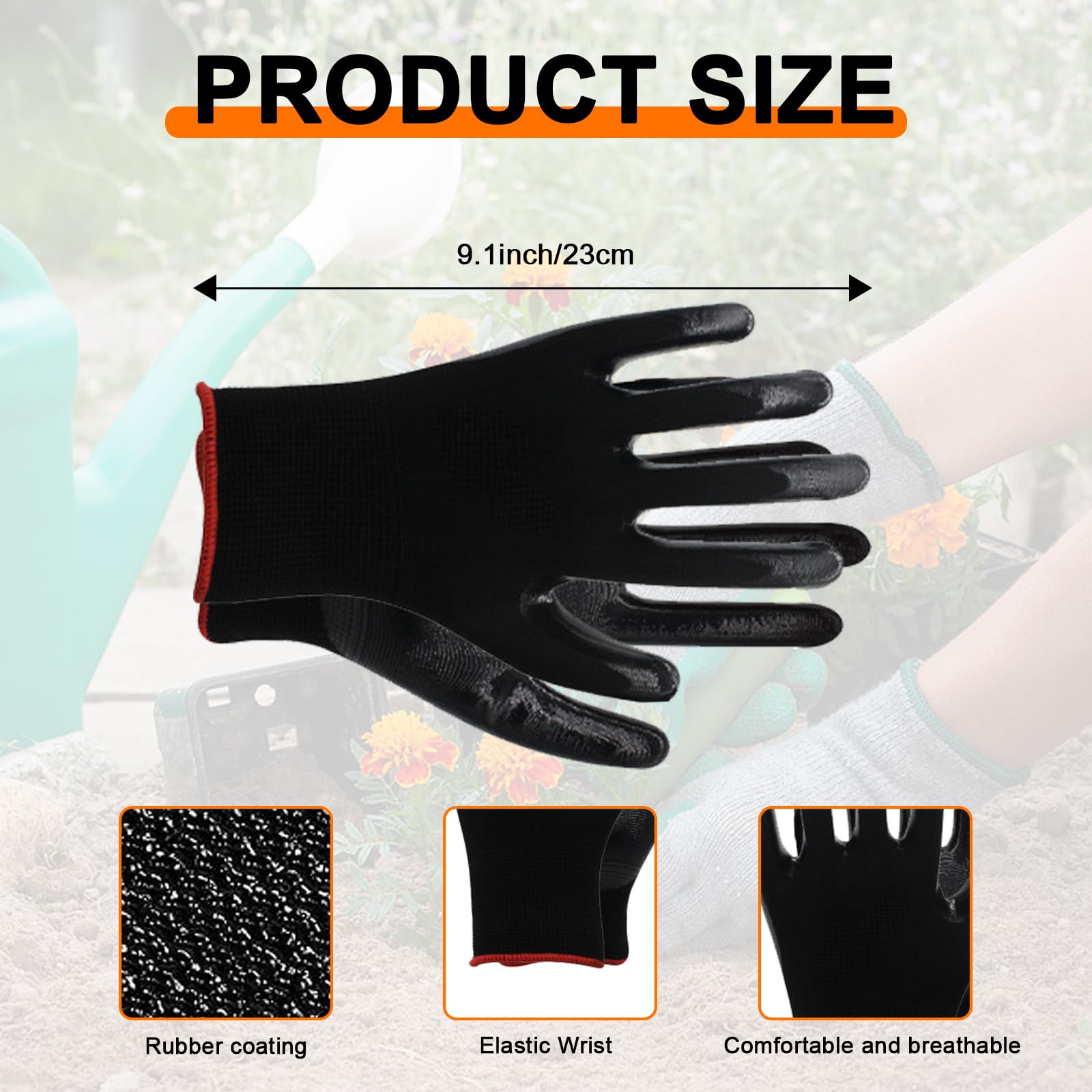 Voittozege 72 Pairs Gardening Work Gloves Bulk Rubber Coated Glove for Men Women Large Gardening Gloves Black Construction Gloves for Outdoor Work,144 Count