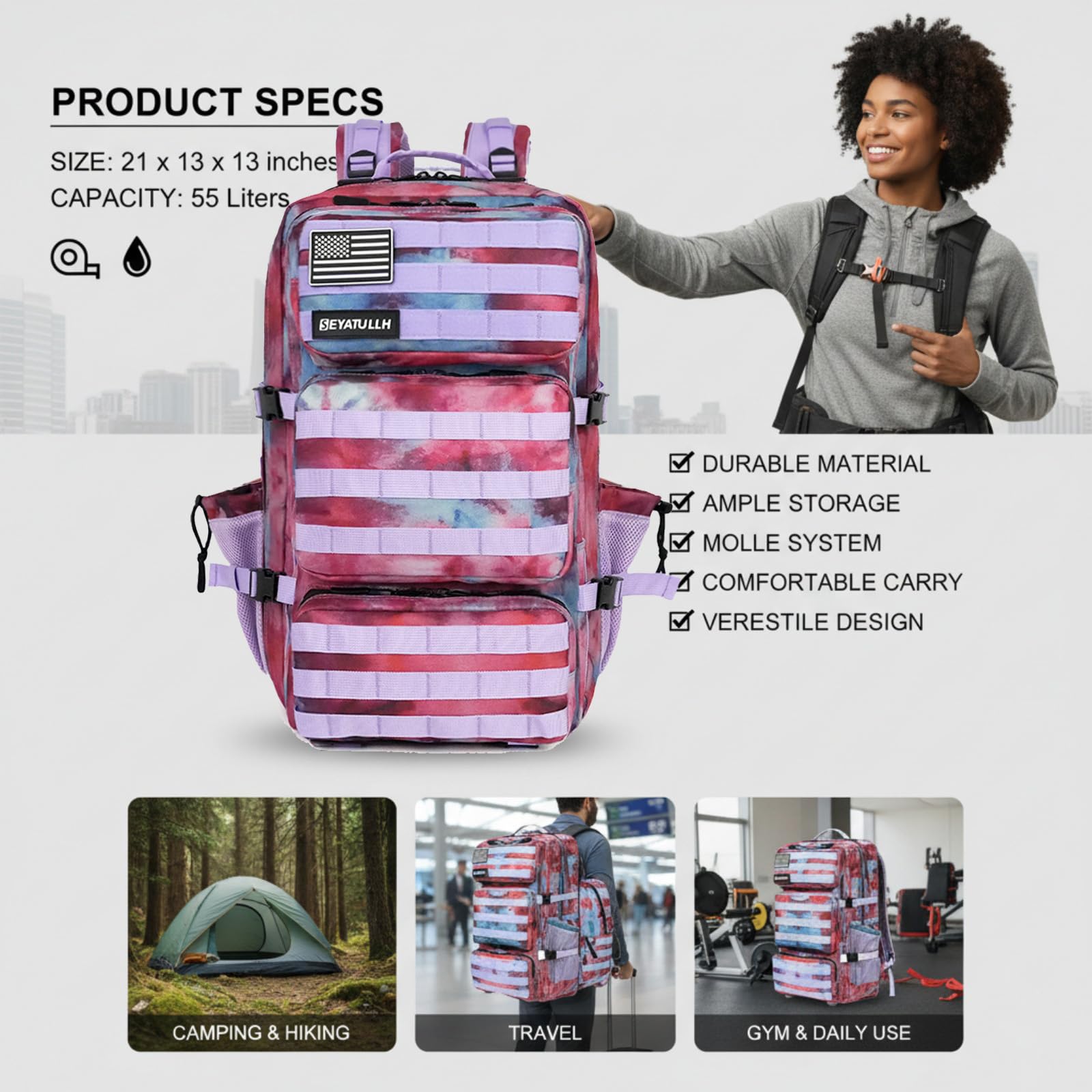 Mochila Táctica Militar Mochila 55L del Ejército Bolsa de Asalto Molle Mochila de Senderismo (Camuflaje nebulosa)
