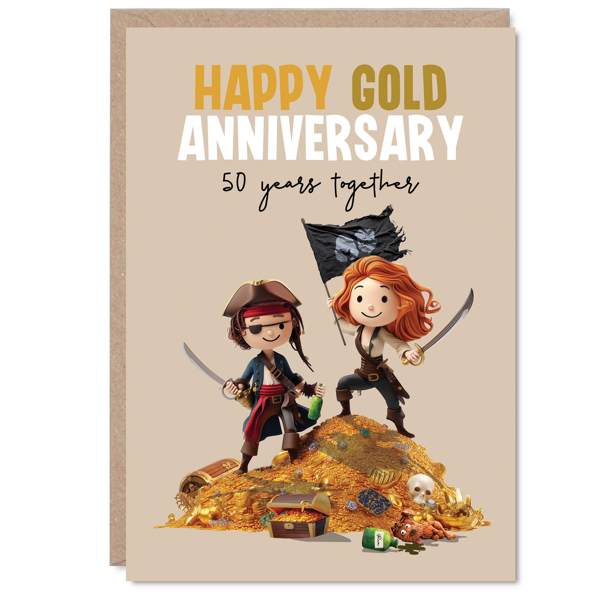 Playful 50th Anniversary Card - Set Sail for Laughter - Pirate Pals Celebrating a Gold Treasure Hoard - A Cheeky Twist for 50th Anniversary Mischief - A5, Envelope Included