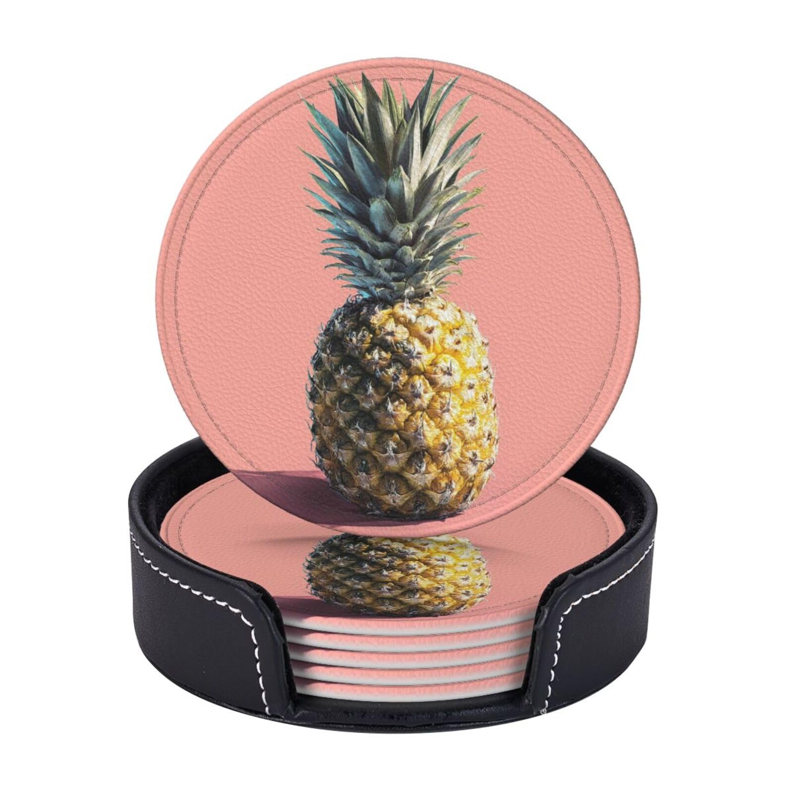 Drink Coasters 6Pcs Round Leather Coaster with Holder Pineapple Coasters for Drinks Coffee Cup Mat Heat Resistant Coaster for Tabletop Protection Desk Accessories Office Home Decor