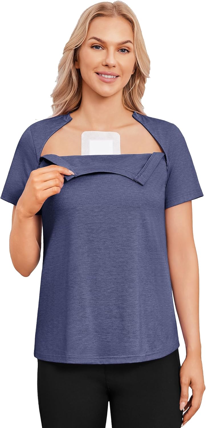 Deyeek Chemo Shirts for Port Access Women with 2 Hidden Side Zippers Post Surgery Short Sleeve Tear Away Adaptive Top Tees