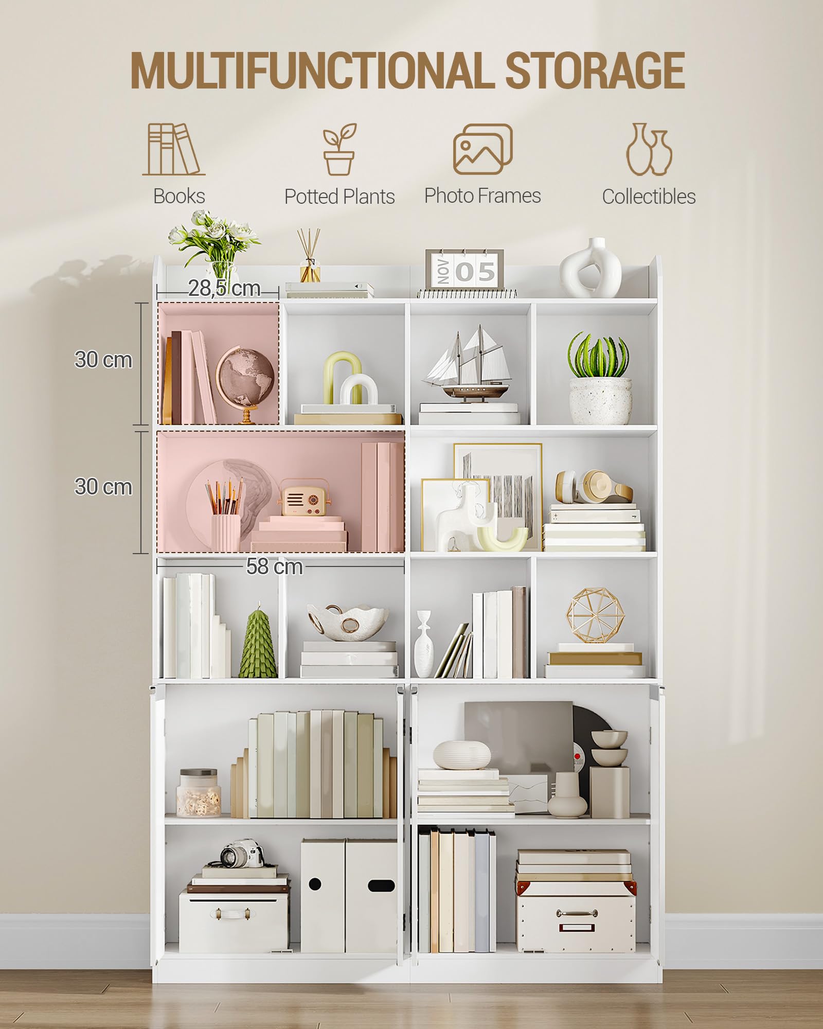 Hzuaneri 180 cm Libreria, con 10 Ripiani Aperti, 2 Armadi Chiusi con Ante, Grande Libreria, Scaffale Aperto, Adatto per Soggiorno, Ufficio, Camera da Letto, 30 x 120 x 180 cm, Bianco BC46503X