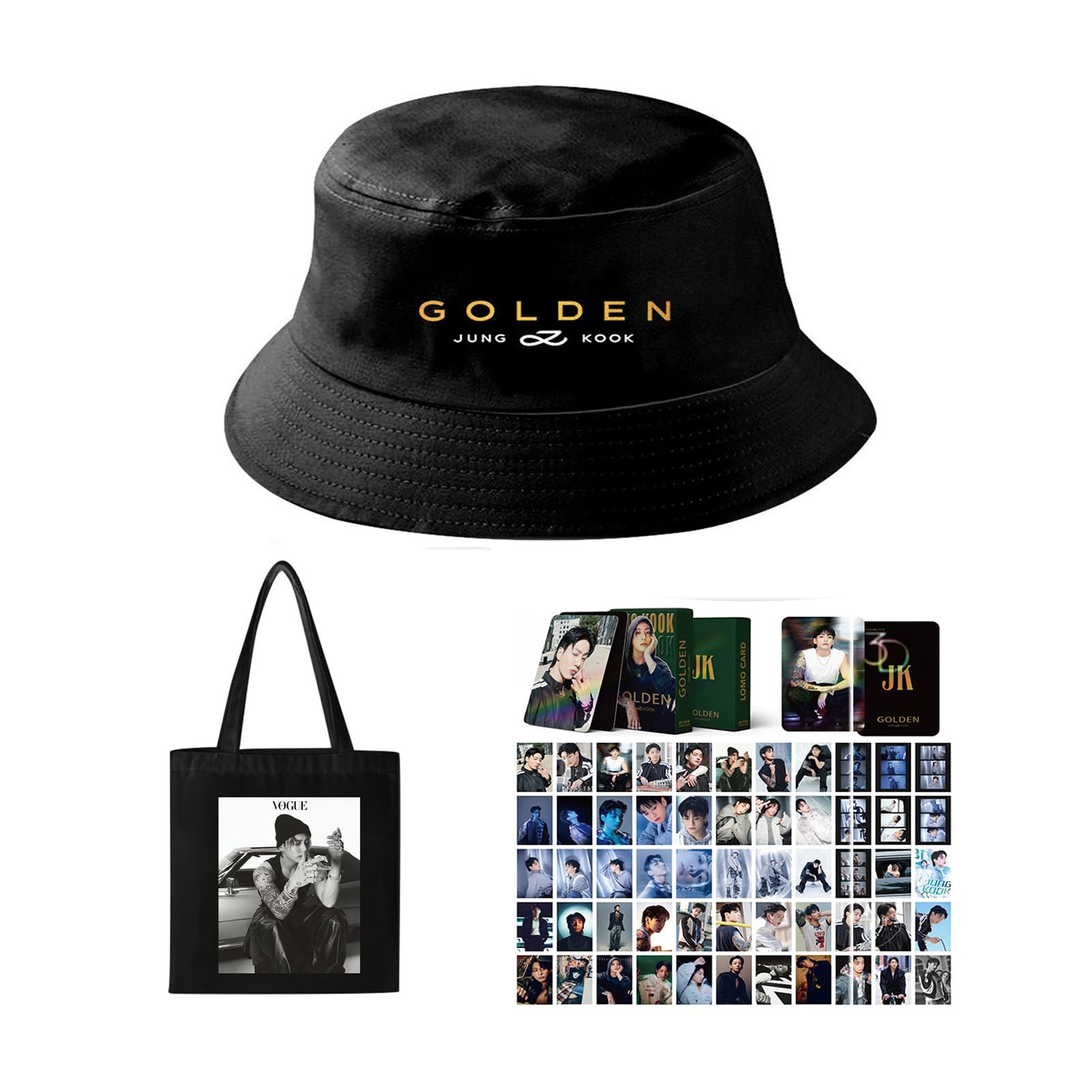 Juego De Regalo De De Mercancía De Jungkook, 1 Bolsa De Lona De Álbum Golden, 1 Sombrero, 1 Caja De Tarjetas Láser, 55 Piezas, Jungkook Mercancía(Color:Black-9)