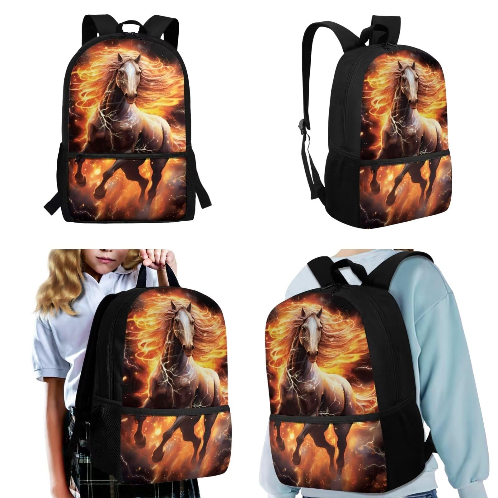 TOADDITDO Flaming Horse Boys Backpack 10-12 Years Old with Lunch Bag Pencil Case Middle School Large School Bag 8-12 Kids Hiking Camping Bookbags Daypack Travel Shoulder Bags Laptop Backpacks
