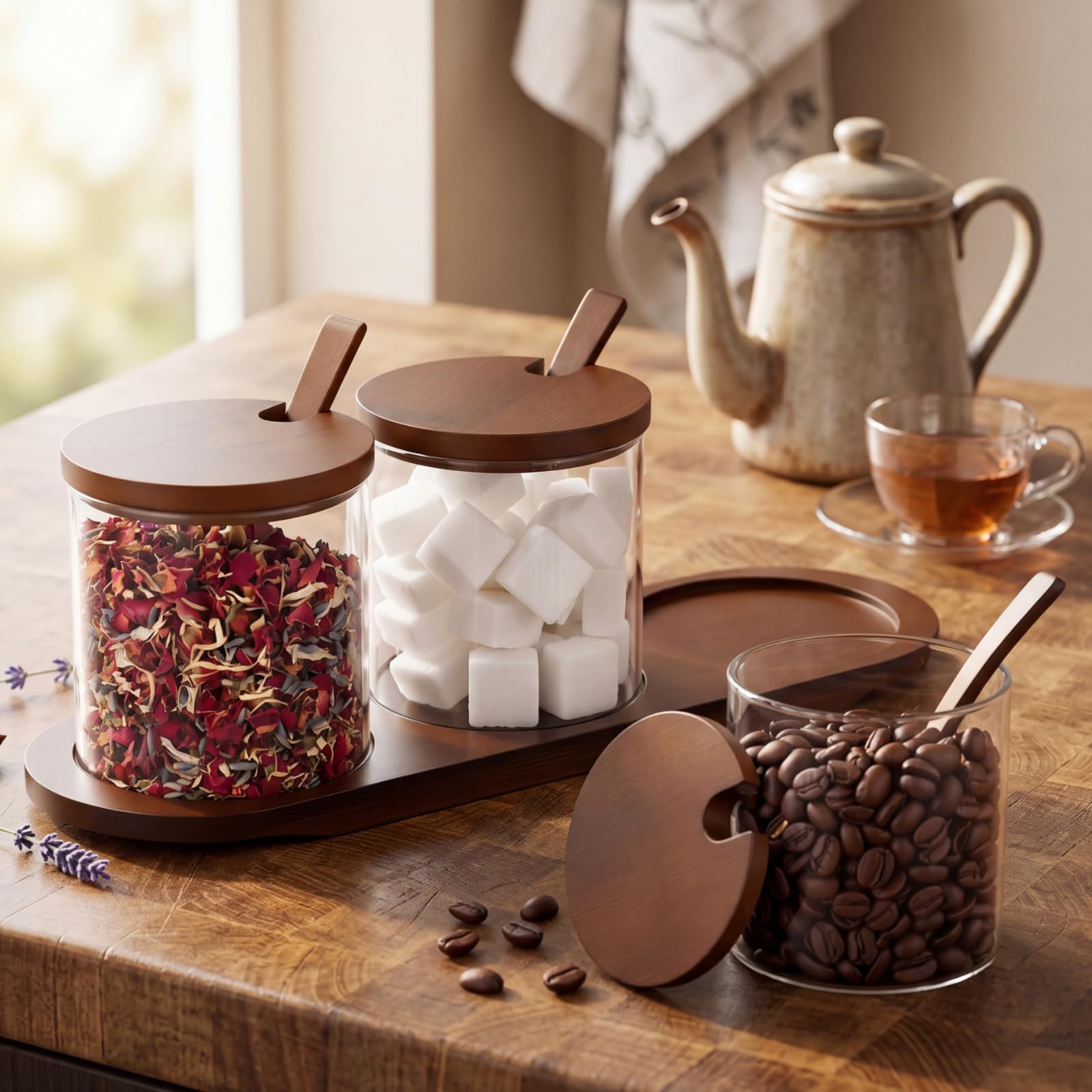 Photo 1 of [Missing 1 Jar] Mimorou 3 Pcs 10 oz Glass Jars with Lids and Spoons Small Coffee Sugar Containers Organizers, Countertop Coffee Station Storage Canisters for Sugar Creamer Tea Condiments Bar Supplies