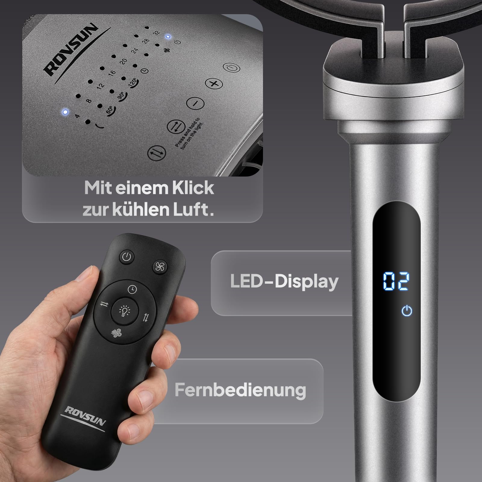 Bonnlo Standventilator mit Fernbedienung & Touchpanel, Ventilator Leise 40dB, Fan 98-115 cm Höhenverstellbar, 120° (V) & 60~120° (H), 3 Modi, 32 Geschwindigkeiten 12H-Timer, LED