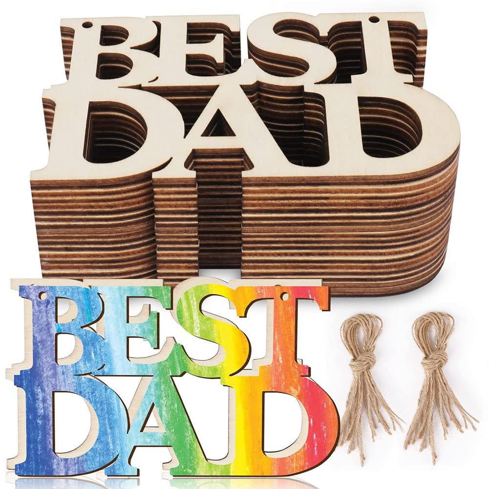40pcs Best Dad Unfinished Wooden Craft Gift Tags with String for Father's Day Gifts, Dad's Birthday Decorations