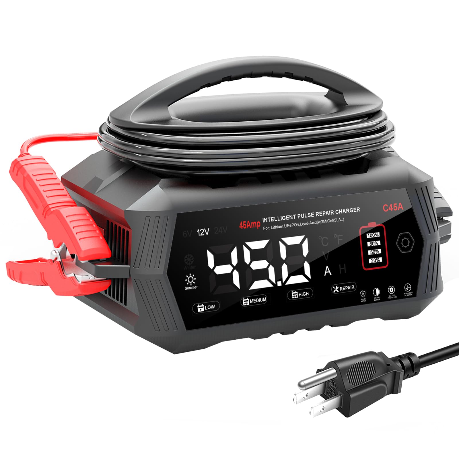 Caricabatteria 45Amp,6V/12V/24V Lithium,LiFePO4,Piombo acido,Caricabatteria da auto intelligente completamente automatico,Caricabatteria da viaggio