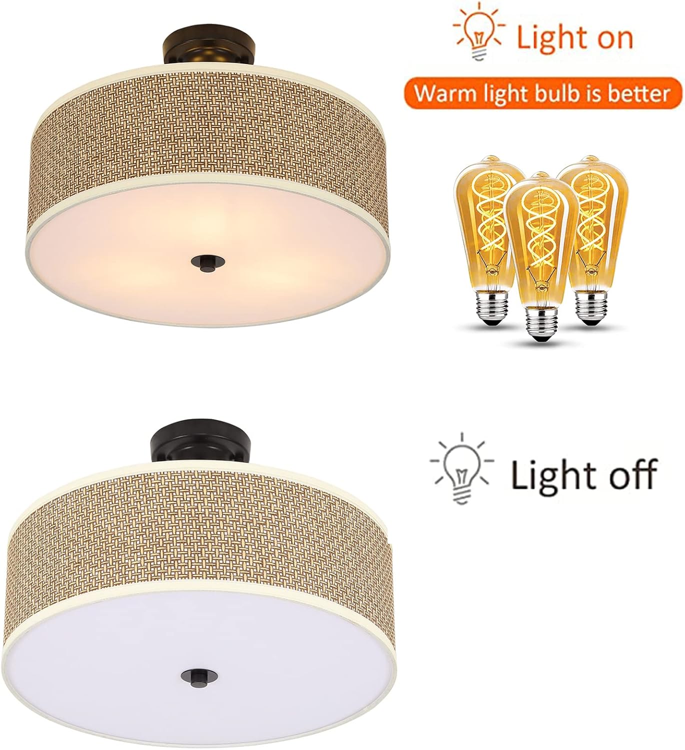 Modern 3-Light Flush Mount Ceiling Light Fixture with Fabric & Acrylic Double Drum Shade Mid Century Linen Drum Fabric Ceiling Light for Bedroom Hallway Living Room Bathroom Dining Kitchen