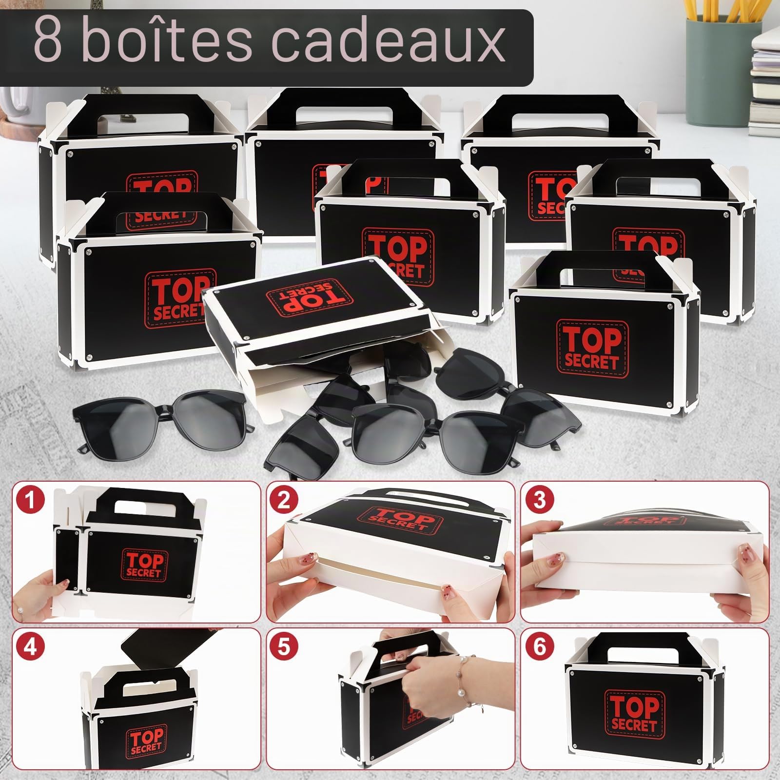 60 Pièces Kit Détective, Détective Pinata Anniversaire, Kit Espion avec Stylos, Carnet de Notes, Lunettes d'Agent Secret, Sacs de Fête, Moustache, Carte d'Identité avec Clip