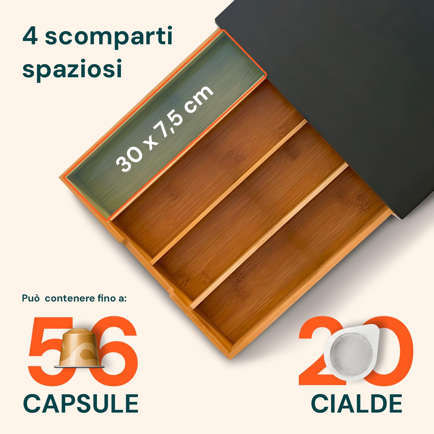 Avilia Porta Cialde in Bambù con Cassetto e Ripiano in Vetro – Organizer per Cialde, Capsule e Tisane – Porta Capsule Caffè, Bustine The e Zucchero – Ideale per Angolo Caffè in Cucina e Ufficio