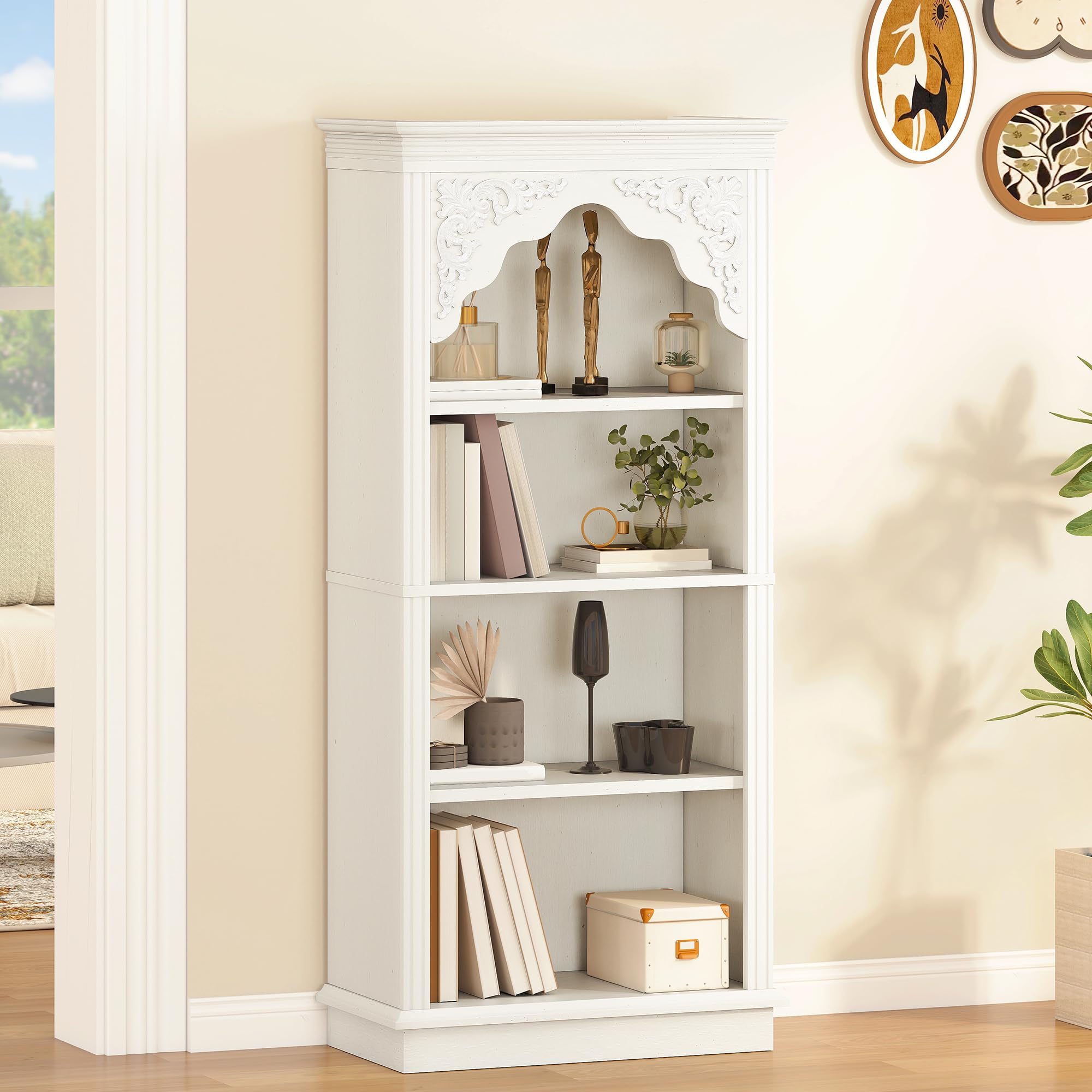 YITAHOME 4-Tier Vintage Bücherregal mit geschnitztem Design Bücherregal offenes Display Lagerung- Ideal für Wohnzimmer, Schlafzimmer, Arbeitszimmer & Büro, Weiß, 140cm