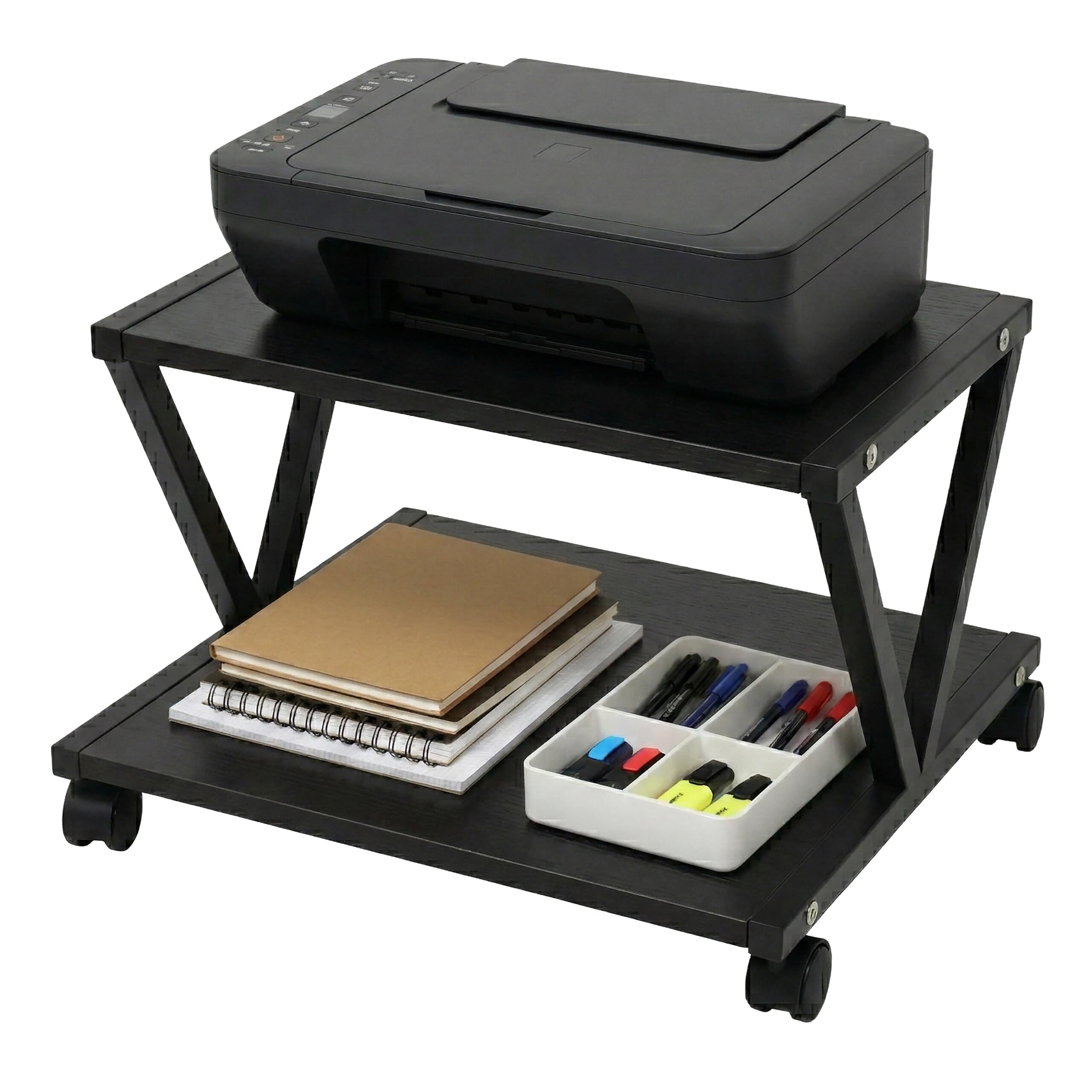 Relaxdays Druckerständer mit Rollen, 2 Ebenen, HBT: 28 x 44 x 28 cm, Rolltisch für Drucker, Büro, MDF & Metall, schwarz