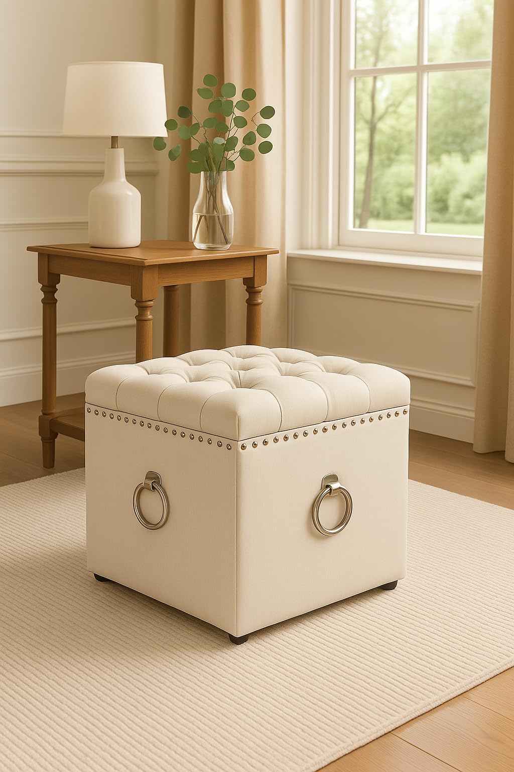 Woodilla Regal Velvet Square Tufted Ottoman with Hidden Storage, Square Stools for Sitting,Suitable for Bedroom,Living Room,Button Tufted Velvet Square Storage Ottomans (White)