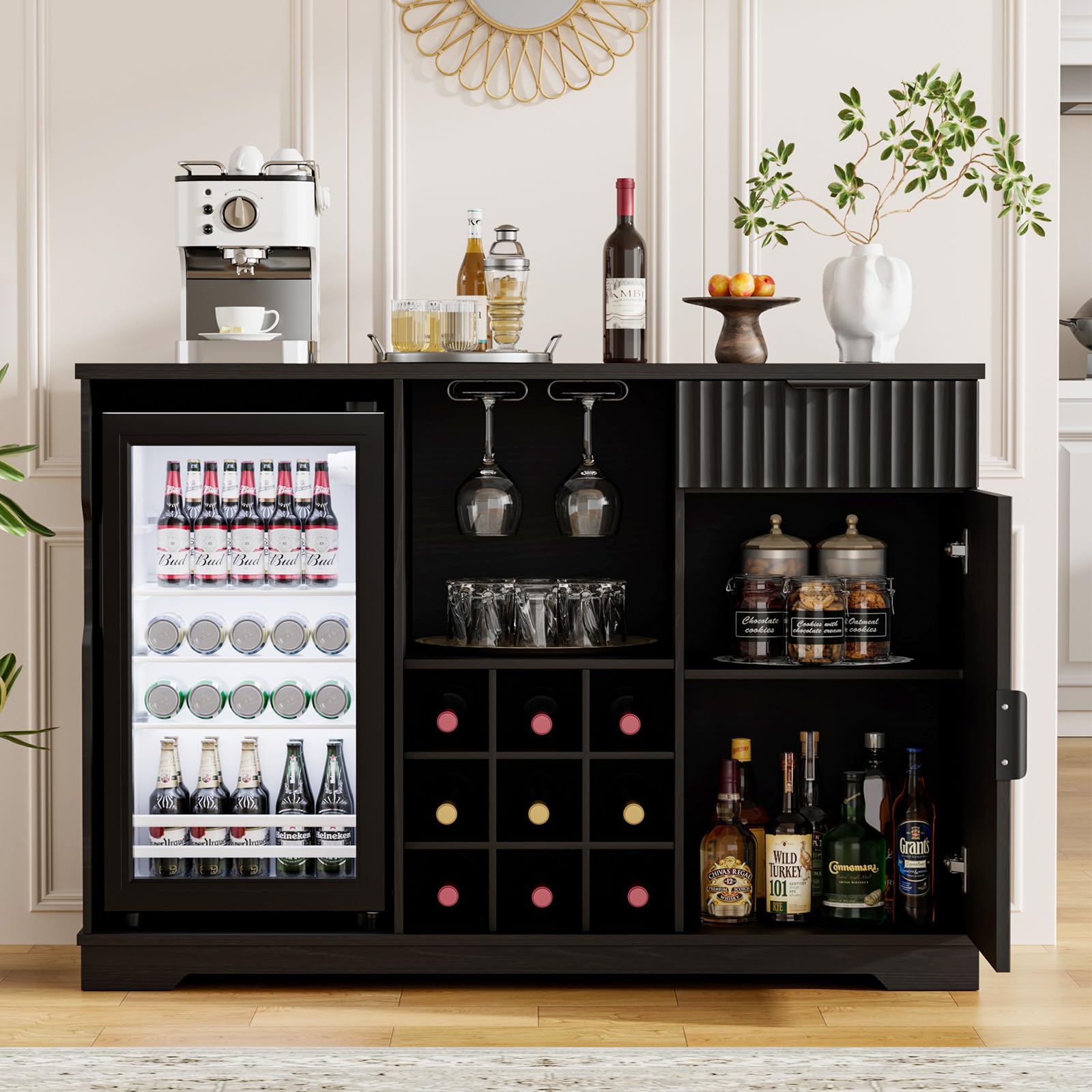Kaffeebar-Schrank mit integriertem Kühlschrank, geriffelter Weinschrank mit Weinregal & Gläserhalter, Buffet Sideboard mit Spirituosenschrank, Schublade & Stauraum, Hausbar, Schwarz