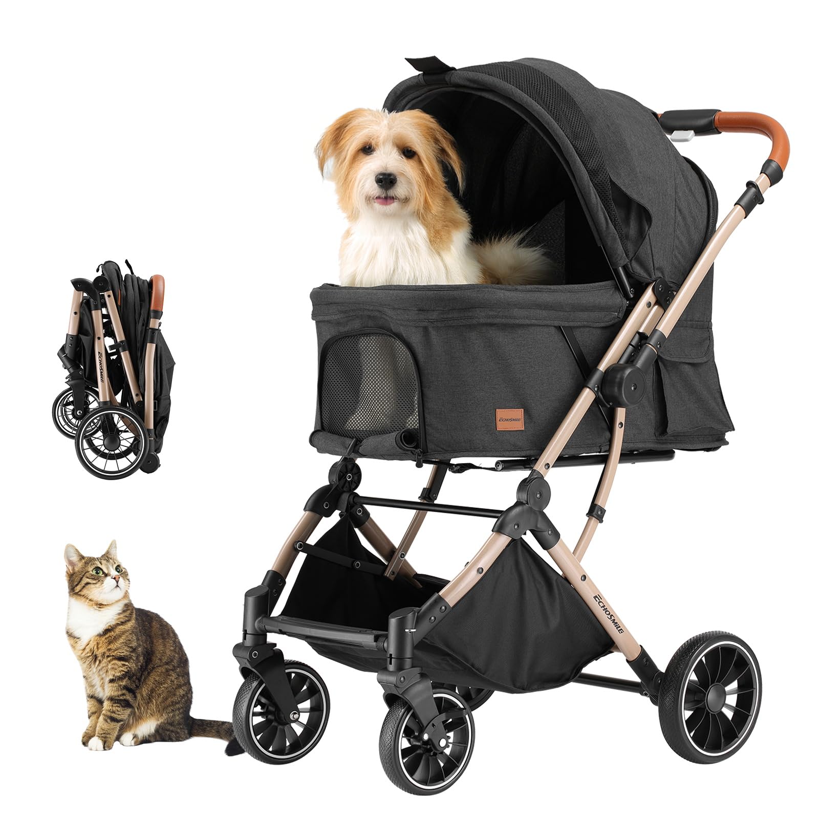 EchoSmile Poussette Pour Chien Pliable en un Bouton, Poussette Chien 20kg Tout Terrain avec Poignée Réversible, Absorption Des chocs et Coussinet Amovible Lavable (Noir)