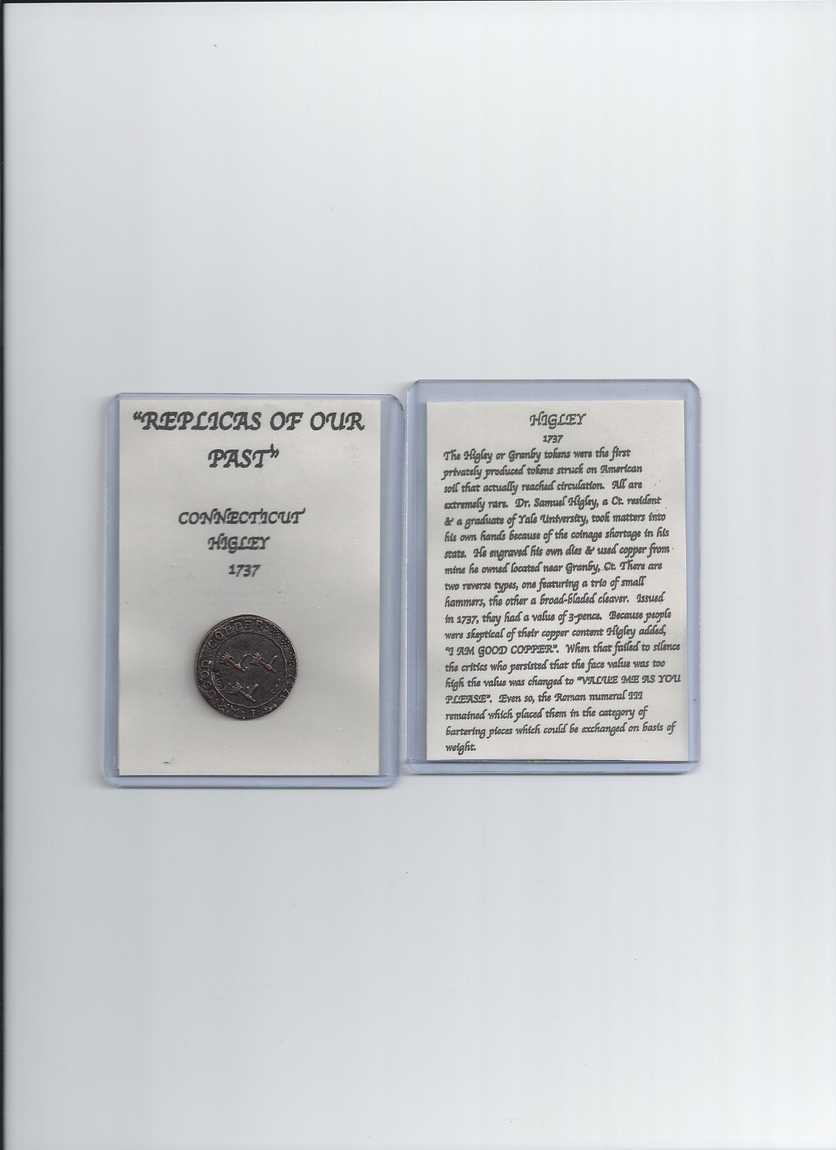 REPLICA COIN Connecticut Higley Three Axes 1737 Copper