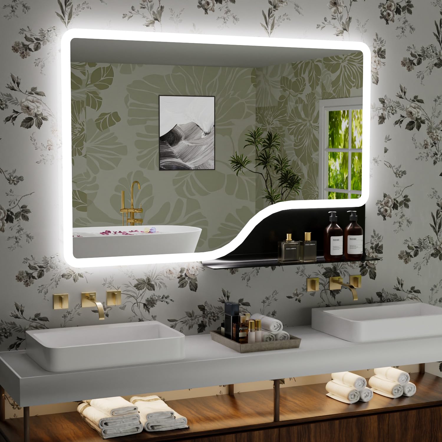 32"x 48" LED Bathroom Mirror with Shelf, 3 Colors Backlit Vanity ...