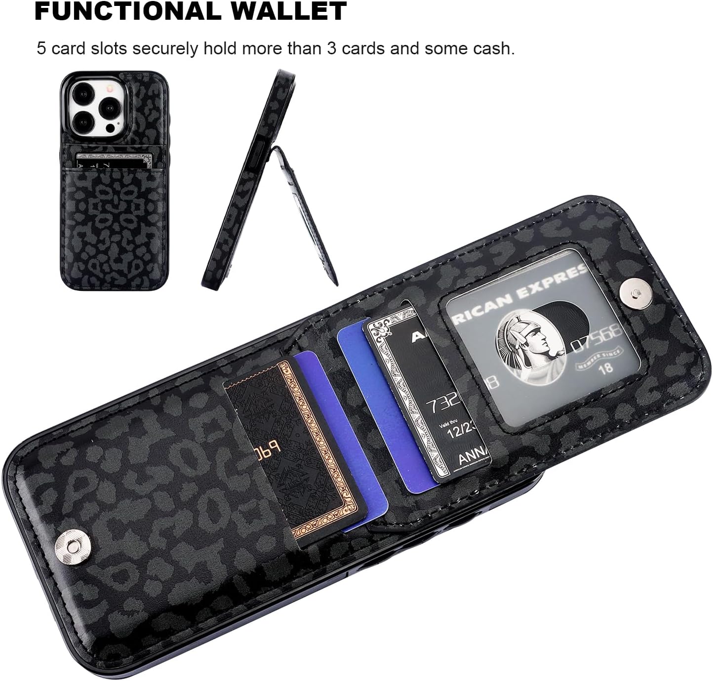 Vaburs Compatible with iPhone 15 Pro Case Wallet with Credit Card Holder, Black Leopard Cheetah Pattern Flip Premium PU Leather Magnetic Closure Shockproof Protective Cover 6.1" - Image 4