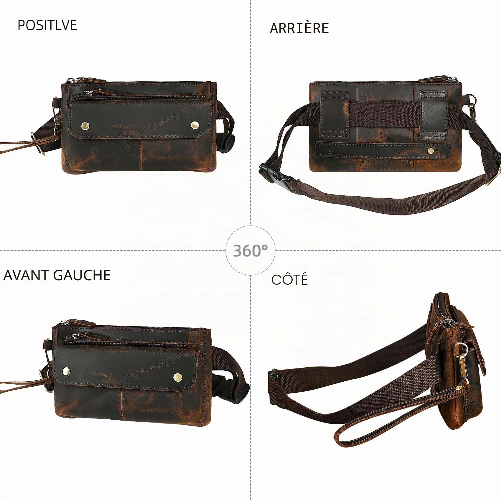Sac Banane-Sac Ceinture- en Toile résistante à l'eau + Cuir pour randonnée, Voyage, Petite Pochette pour téléphone Portable pour Homme et Femme FB811-29 (100% Cuir - 8136 Marron)