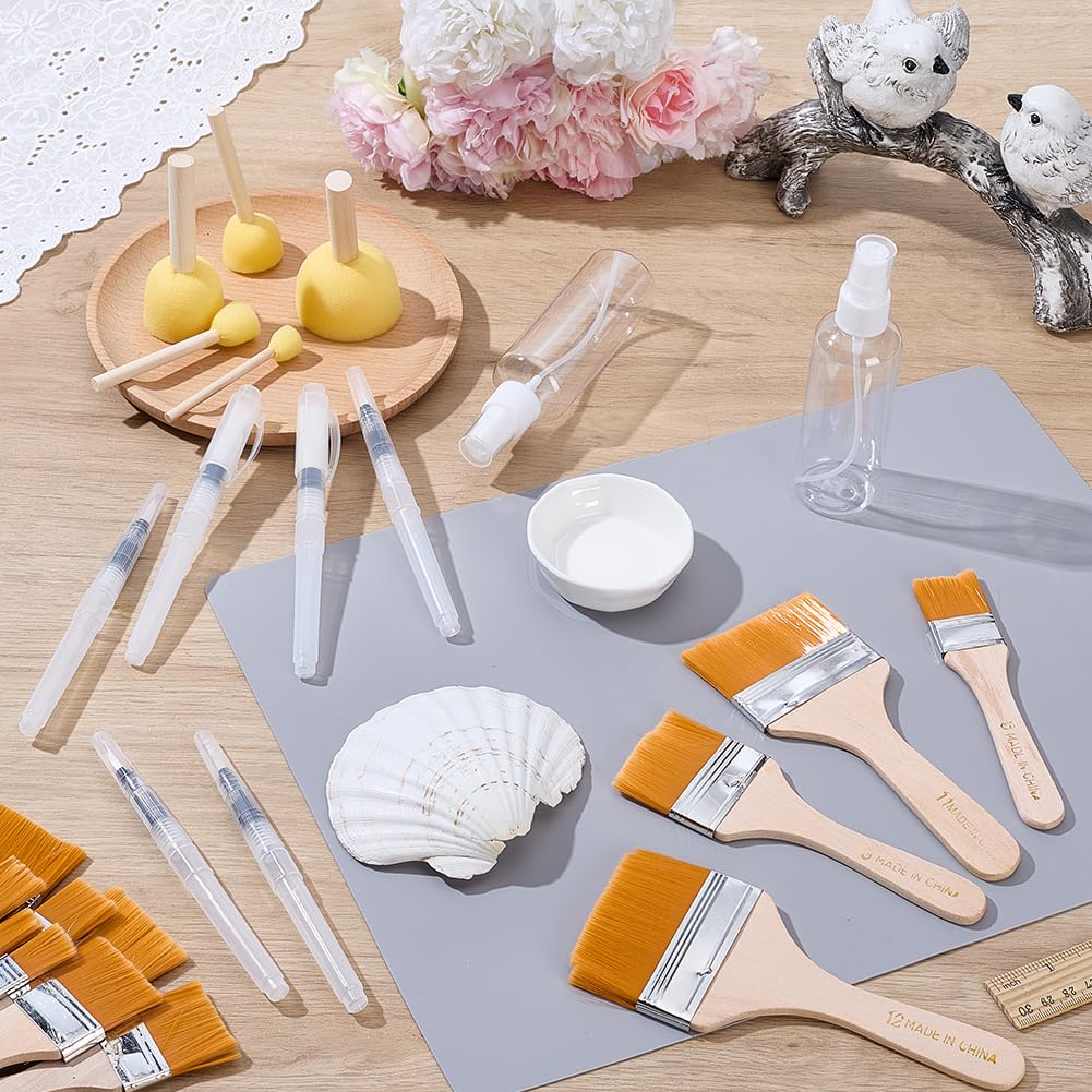 WEBEEDY - Kit de herramientas para decoupage (27 unidades, con 5 cepillos de esponja, 12 cepillos de madera, 6 bolígrafos de agua, 2 botellas de pulverización y alfombrilla de mesa de silicona para