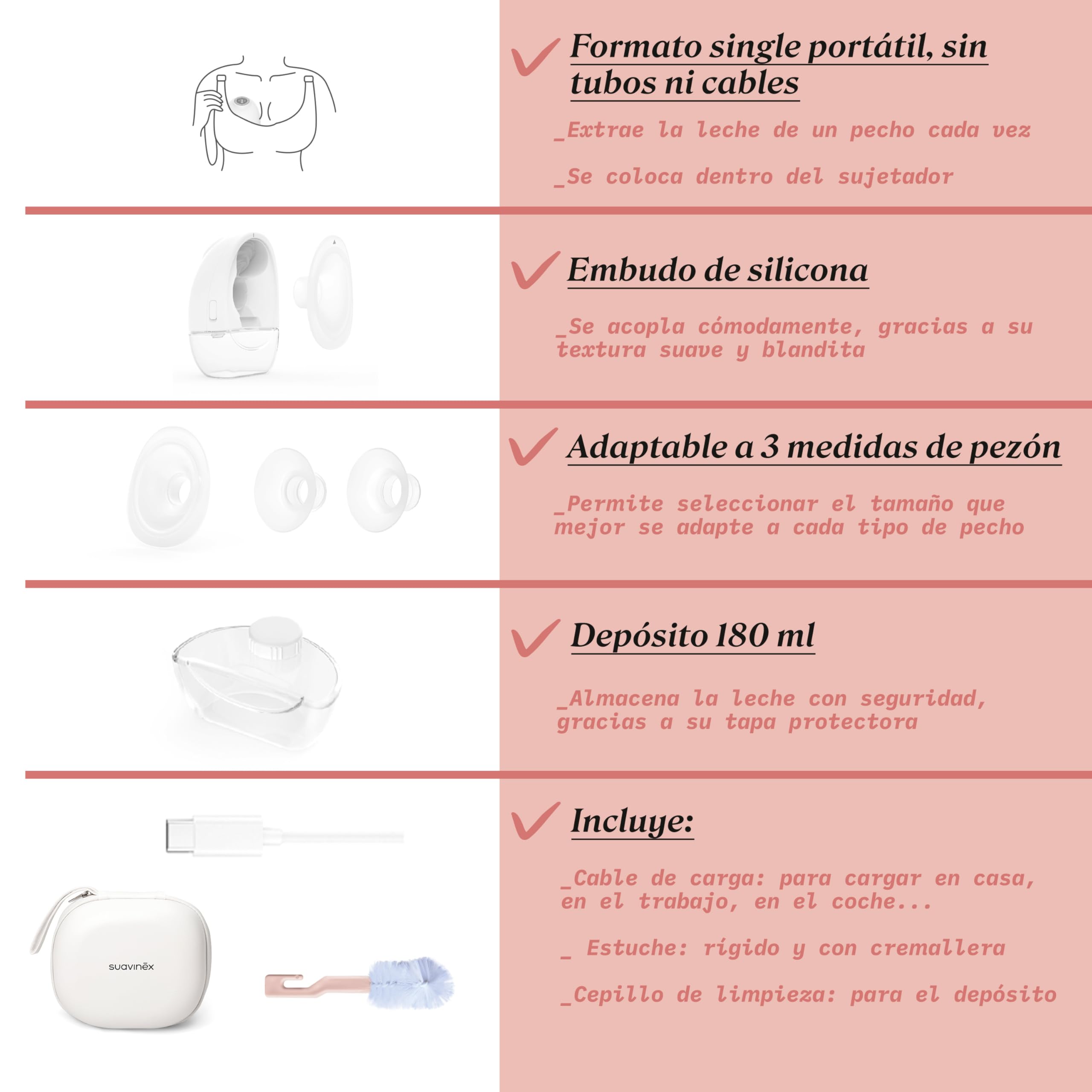 Suavinex, Extractor Leche Materna, Sacaleches Manos Libres, Sin Cables, Sin Tubos, con Batería, 3 Modos y 9 Intensidades de Succión, con Adaptadores, Estuche y Cepillo, Pantalla Led, Depósito 180 ml