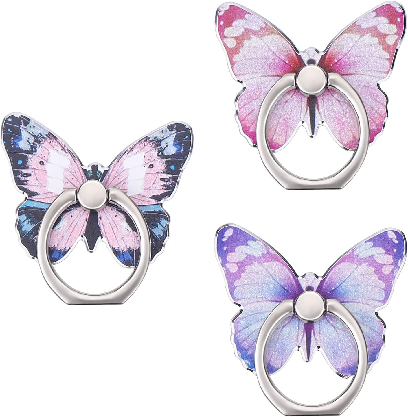 cobee3 Pcs Butterfly Cell Phone Ring Stand Holder, Cute Butterfly Pattern Painted Metal Finger Stand Kickstand 360°Rotation Phone Ring Holder Stand Ring Hand Grip with Knob Loop (Blue, Purple, Pink)
