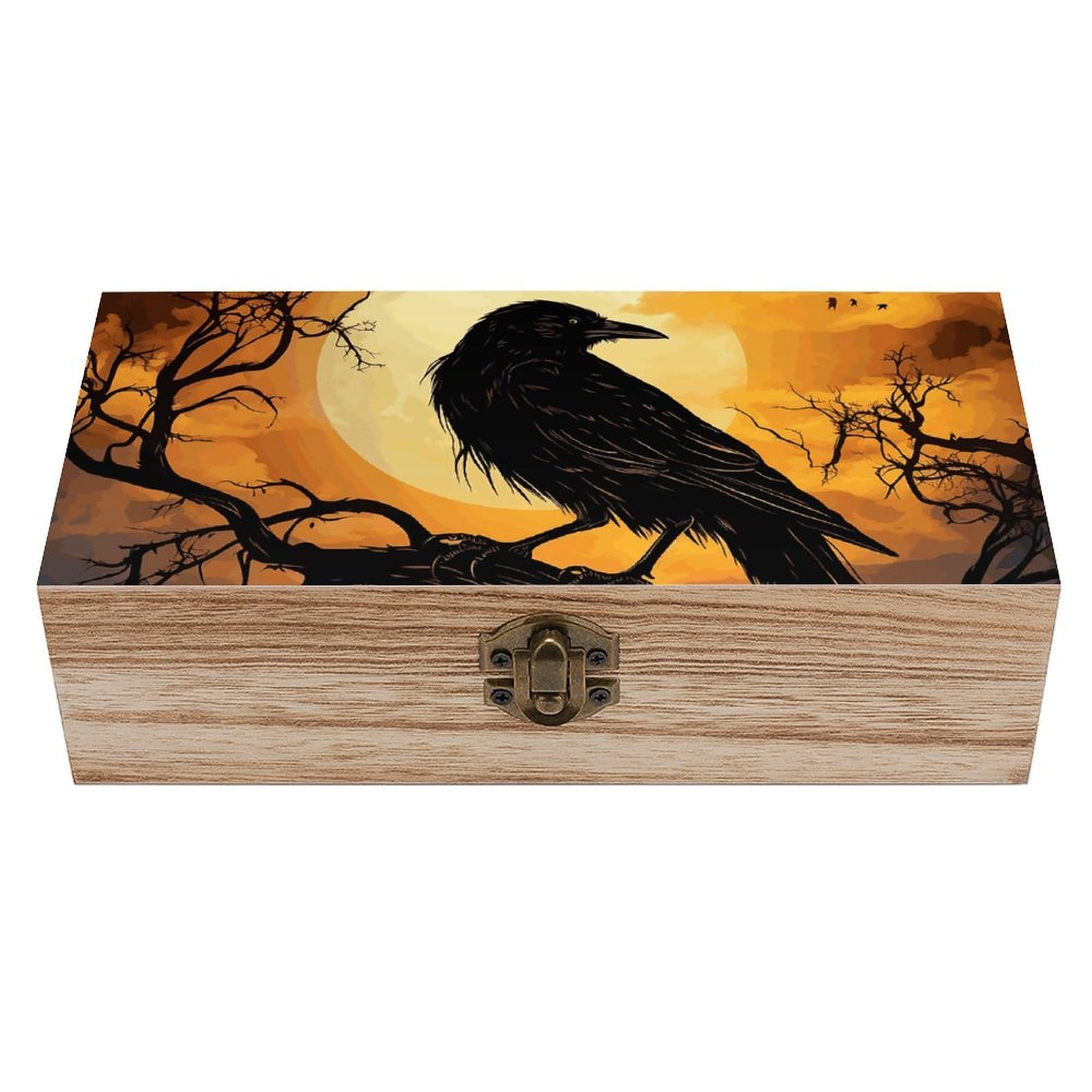 NONHAI Wooden Storage Box Crow Wood Gift Box with Hinged Lid Vintage Decorative Jewelry Boxes Memory Box for Jewelry Art Hobbies Home Storage Treasure Keepsake Gift 7.9''x3.9''x2.3''