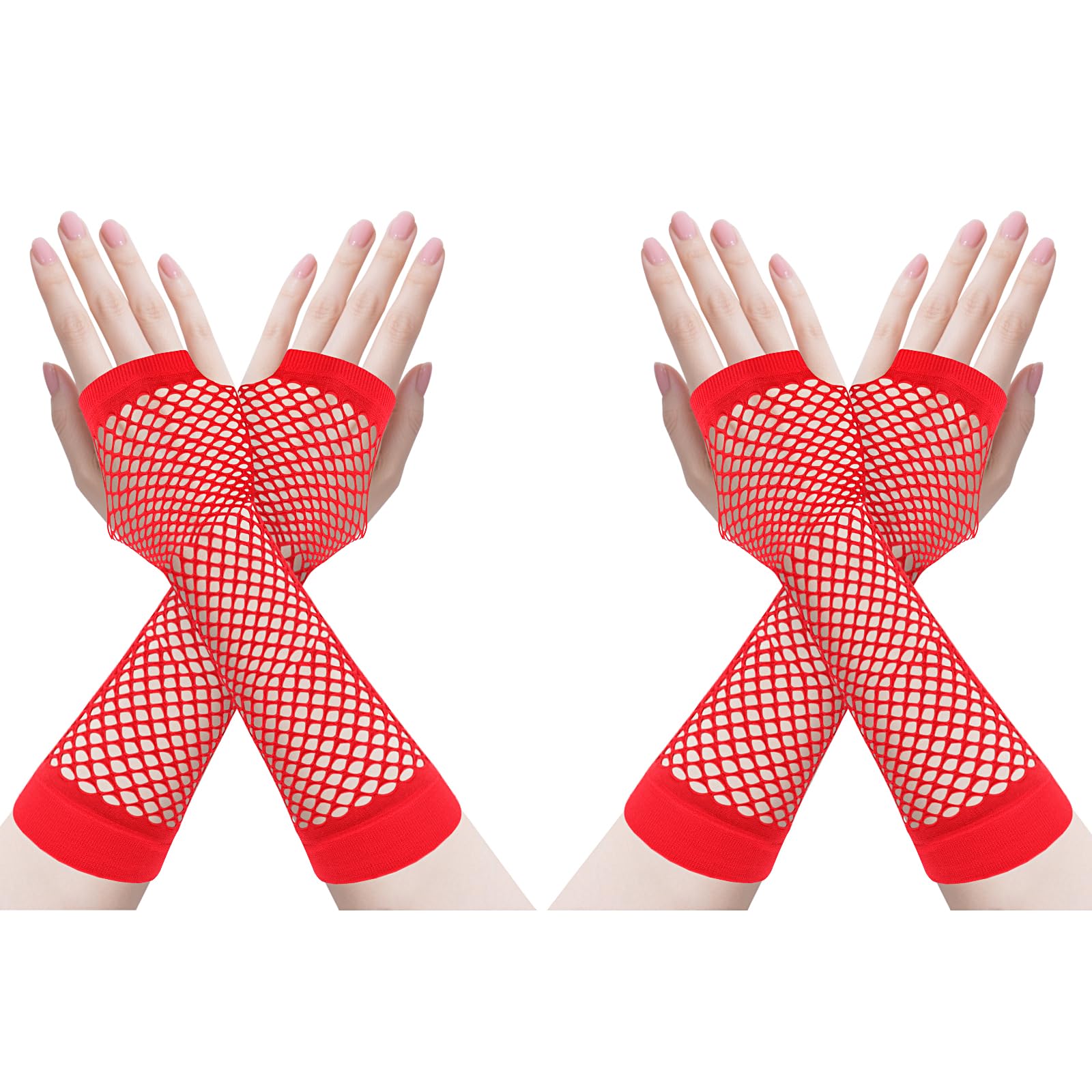ZTVOWTO 2 Pairs Fingerless Fishnet Gloves, 80s 90s Mesh Gloves for Halloween, Christmas, Costume Parties and Cosplay Accessories(Long Red)