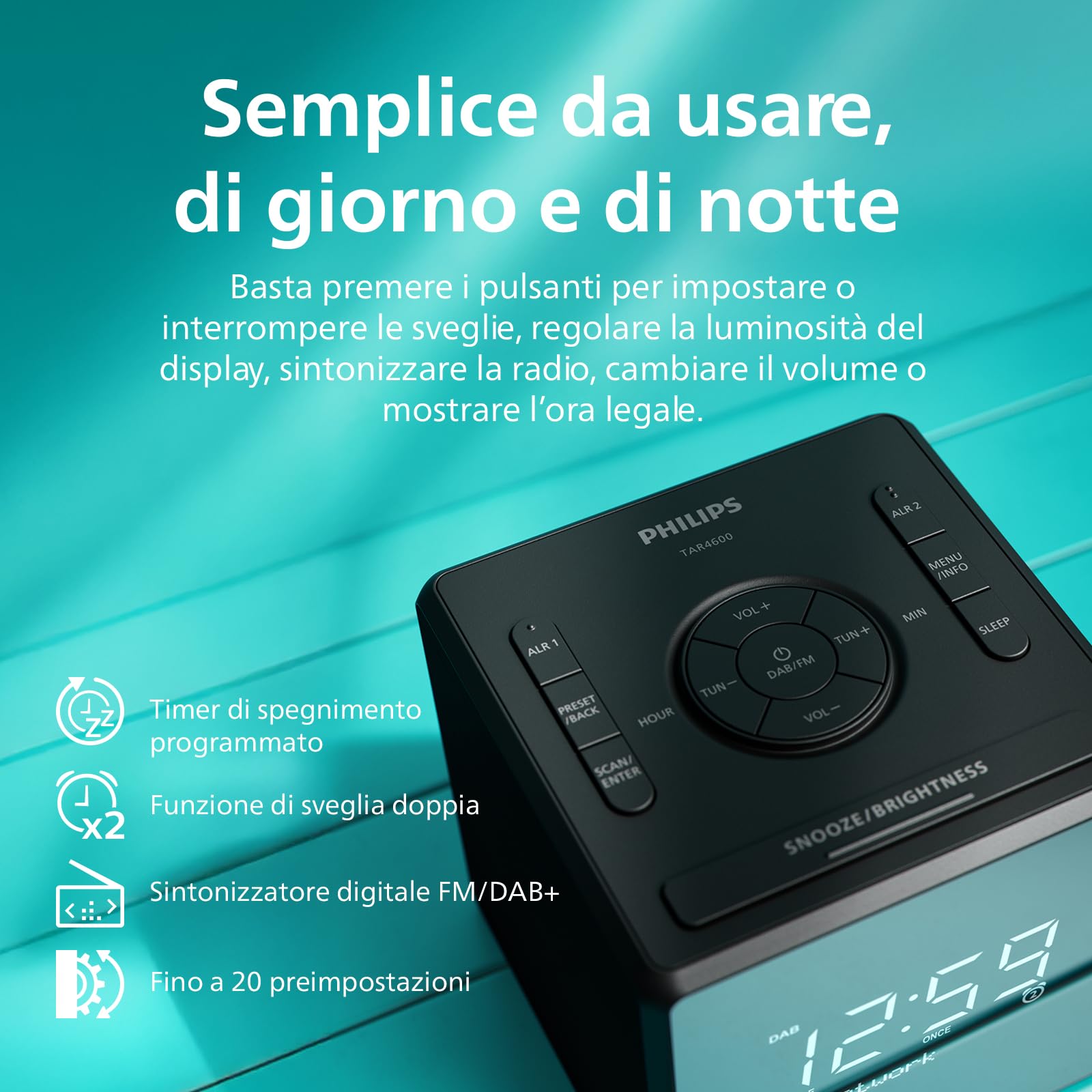 Philips TAR4650 Radio Sveglia DAB/FM con Doppio Allarme, USB e Multicavo