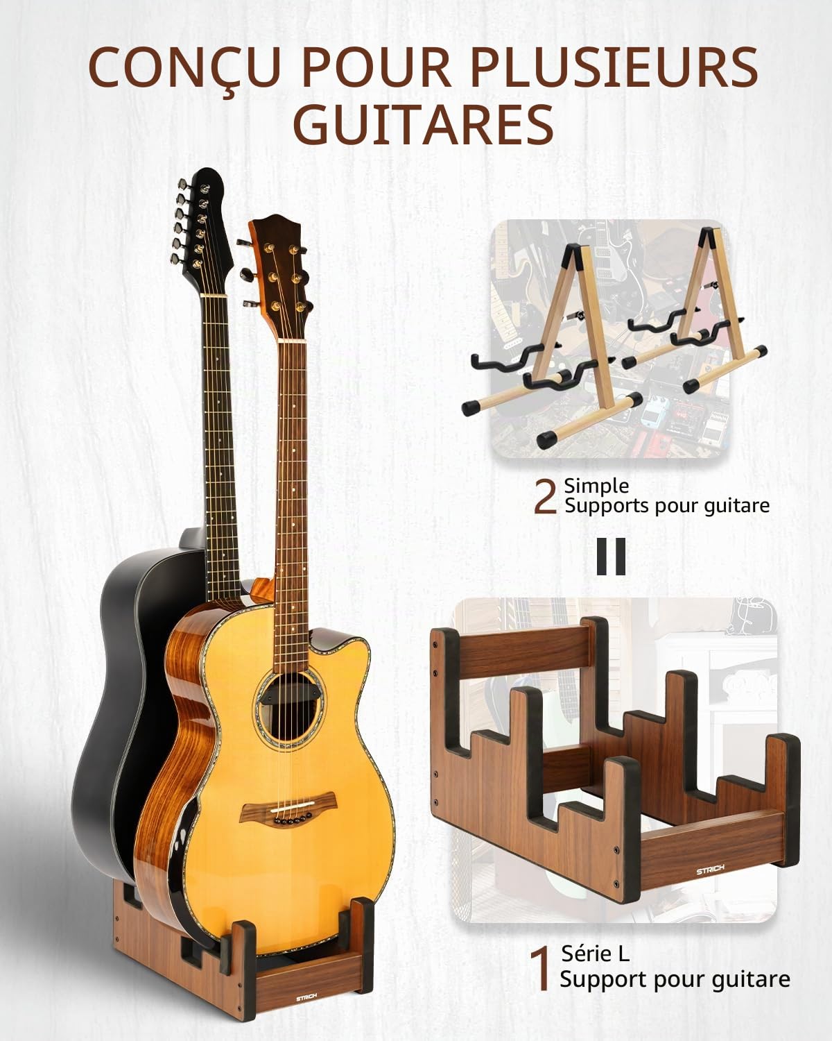 STRICH L-2AW Support de guitare en bois pour plusieurs guitares, 2 supports, affichage frontal, gain de place, pour la maison, le studio, la scène, couleur noyer, L-2AW (pour 2 acoustiques)