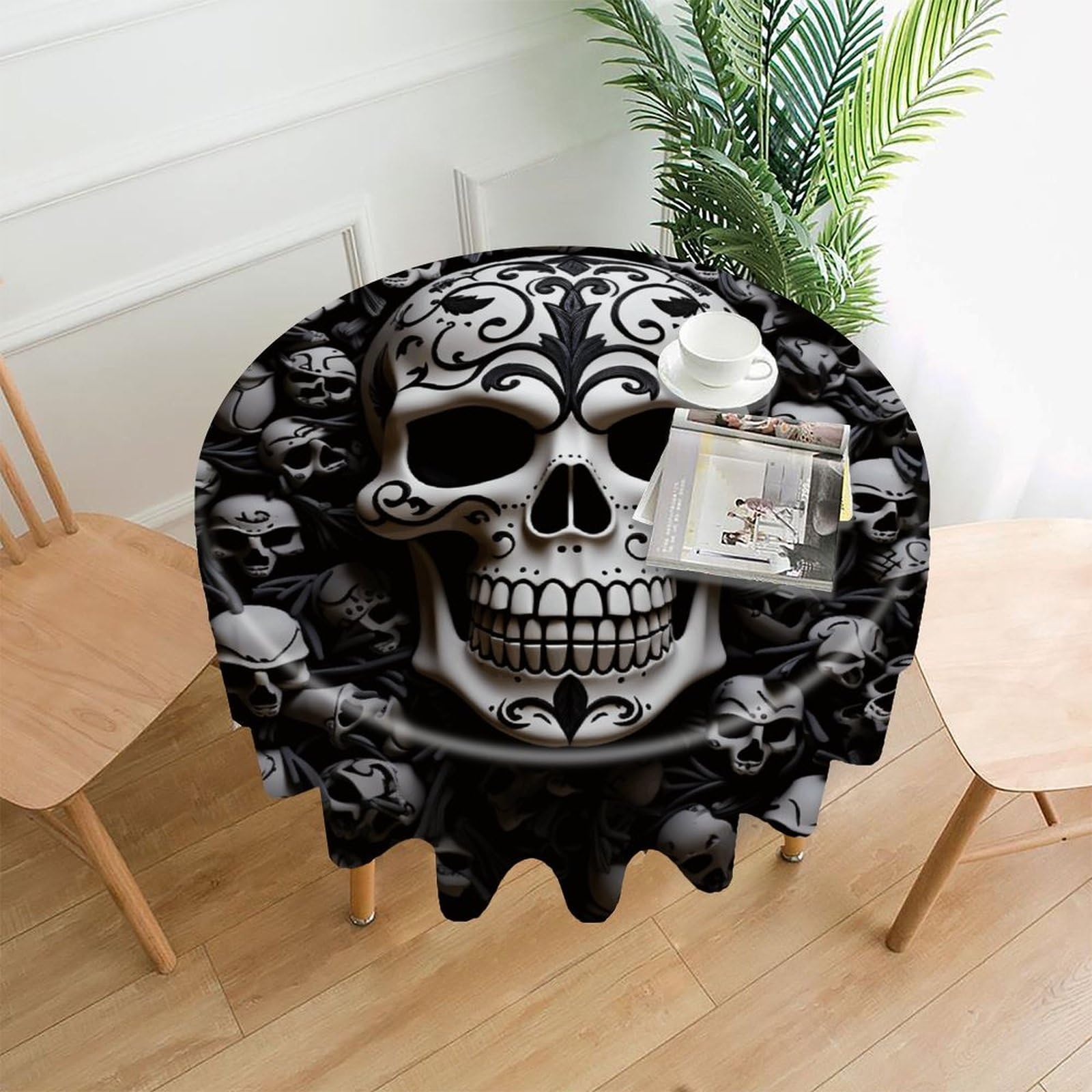 FodPand Black and White Skulls Round Tablecloth - 60 Inch Premium Polyester Table Cloth, Fashion Wrinkle Resistant Decorative Table Cover for Dining Kitchen Party Buffet Tables