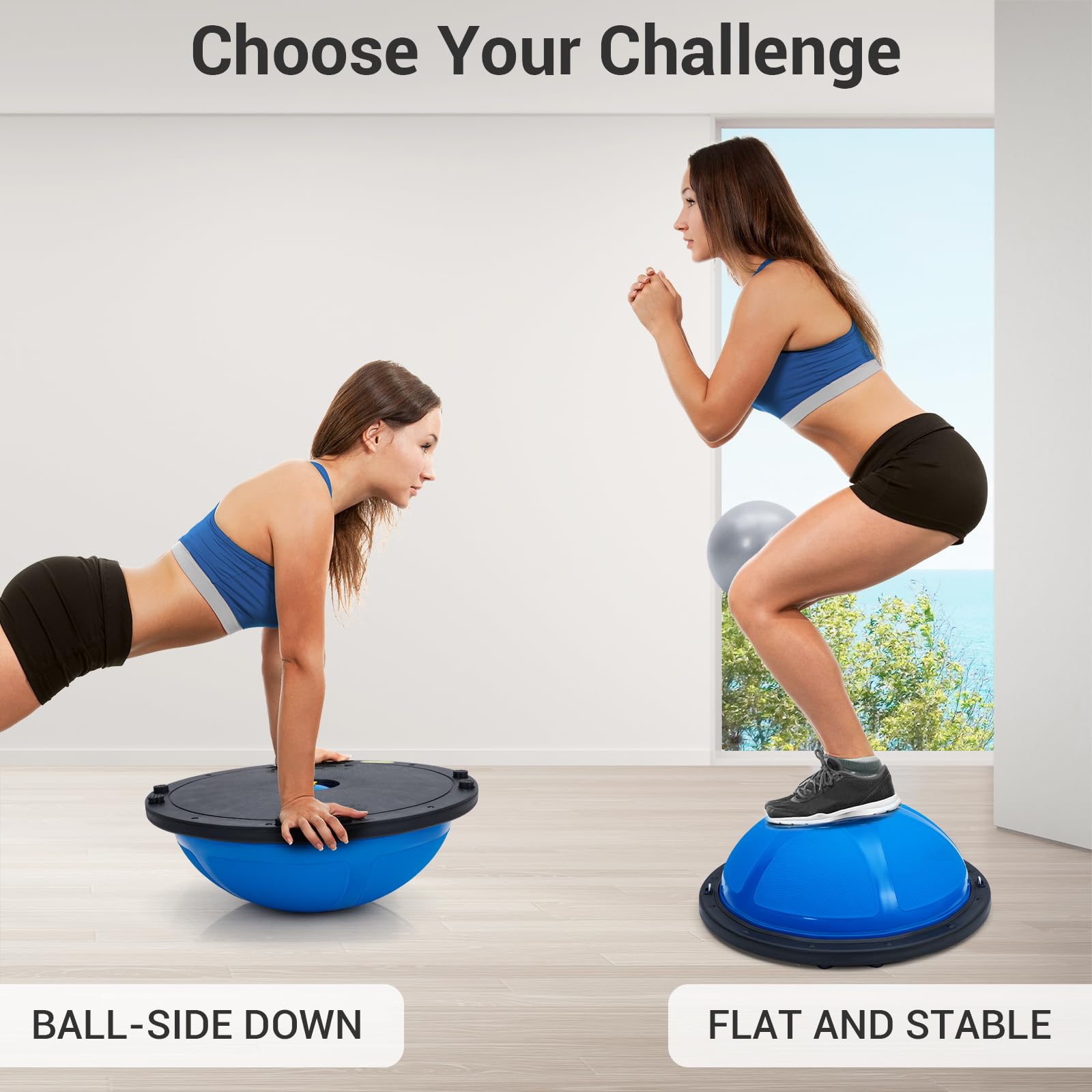 GAOMON Balance Ball, 725.7 kg aufblasbarer halber Gymnastikball, Balance-Trainer mit rutschfester Basis, halber Yoga-Ball, Krafttrainingsgerät mit Widerstandsbändern und Fußpumpe, Blau