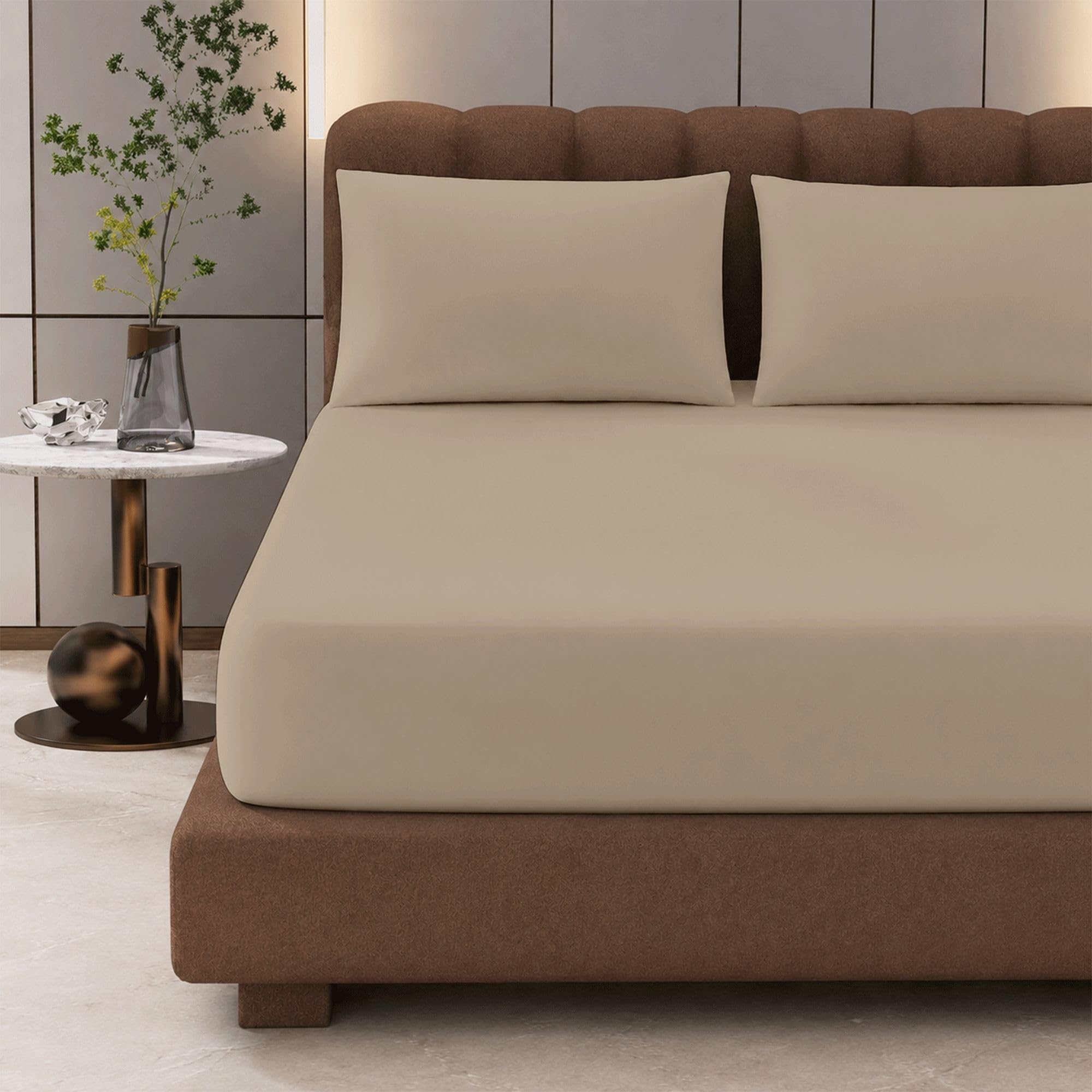 Bloombedding Beige 3Pc 100% Egyptian Cotton Single Sheet Set With Pillowcases, 400 Thread Count, 40Cm Fitted Sheets, Soft Breathable, Hotel Quality, Wrinkle Resistant Bedding