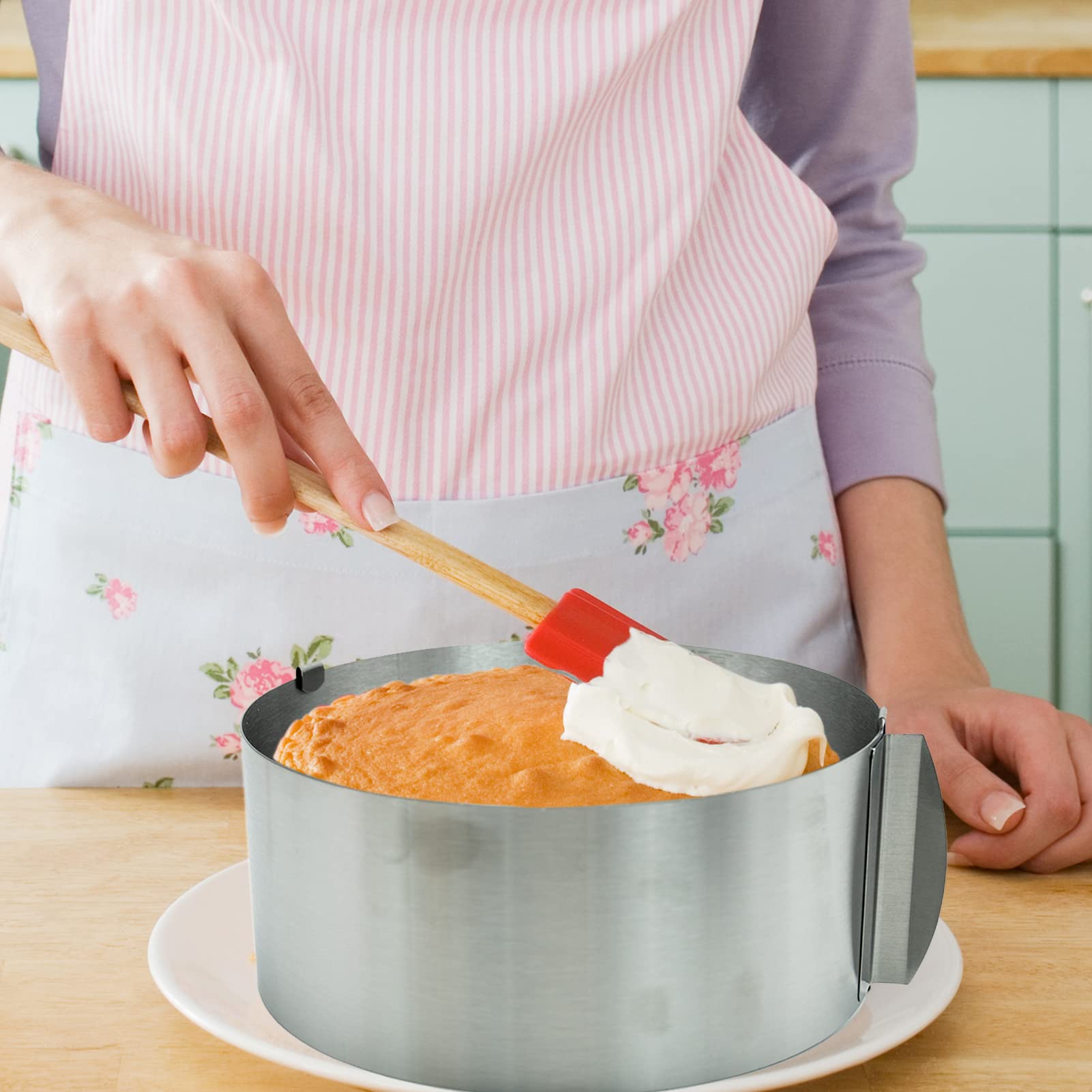 REBECASKYENS Anello per torta regolabile, 16-30 cm, anello da forno con collare per torte, in acciaio inox, rotondo, stampo per mousse, per cuocere, pasticceria, dessert