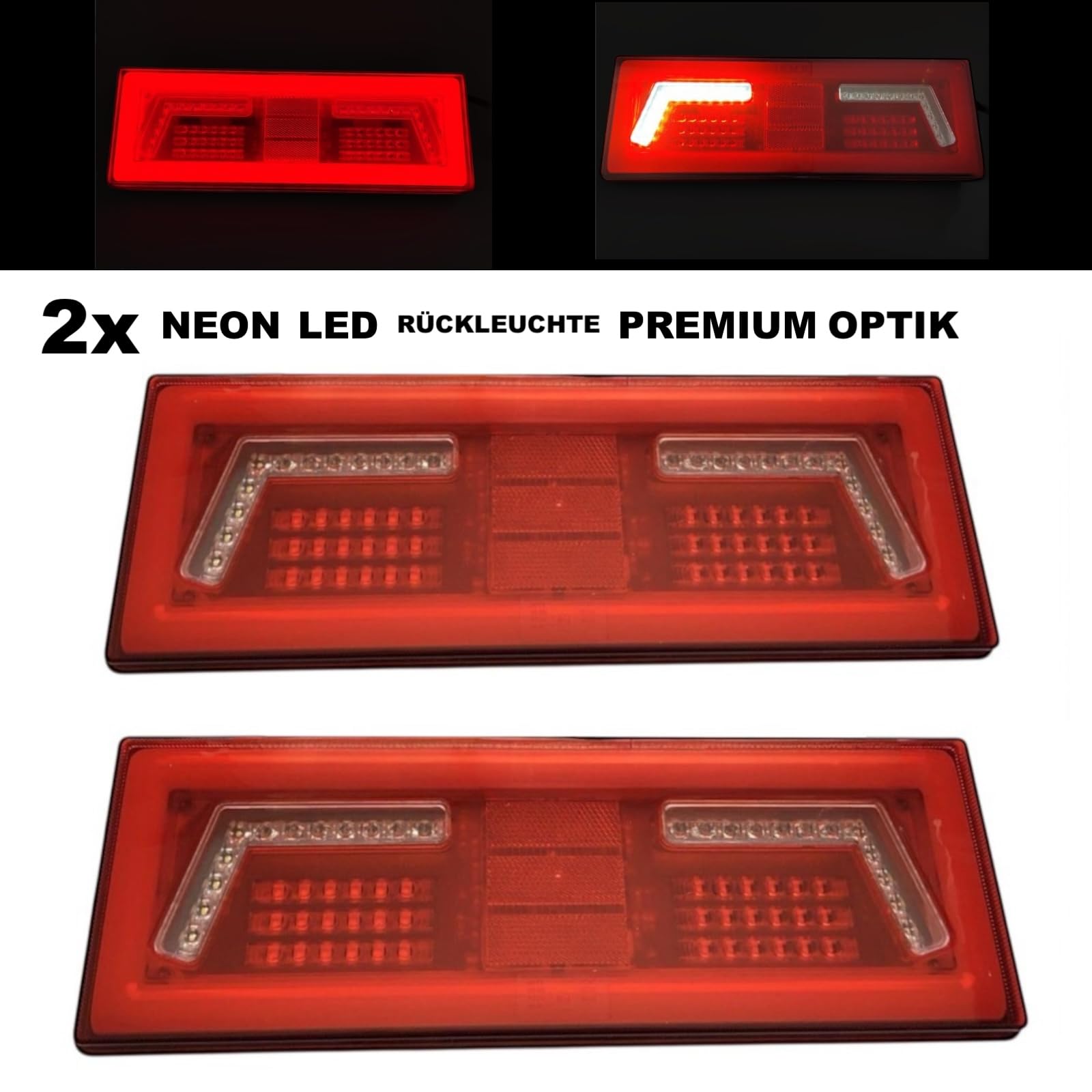 LED Rückleuchten Set 12V 24V mit Neon-Effekt 96/106 LED – 2x Rücklicht für LKW Schlepper Traktor Bagger – E9, Kombileuchte mit Rückfahrlicht & Nebelschluss (106 LED - Neon-Effekt-Licht)