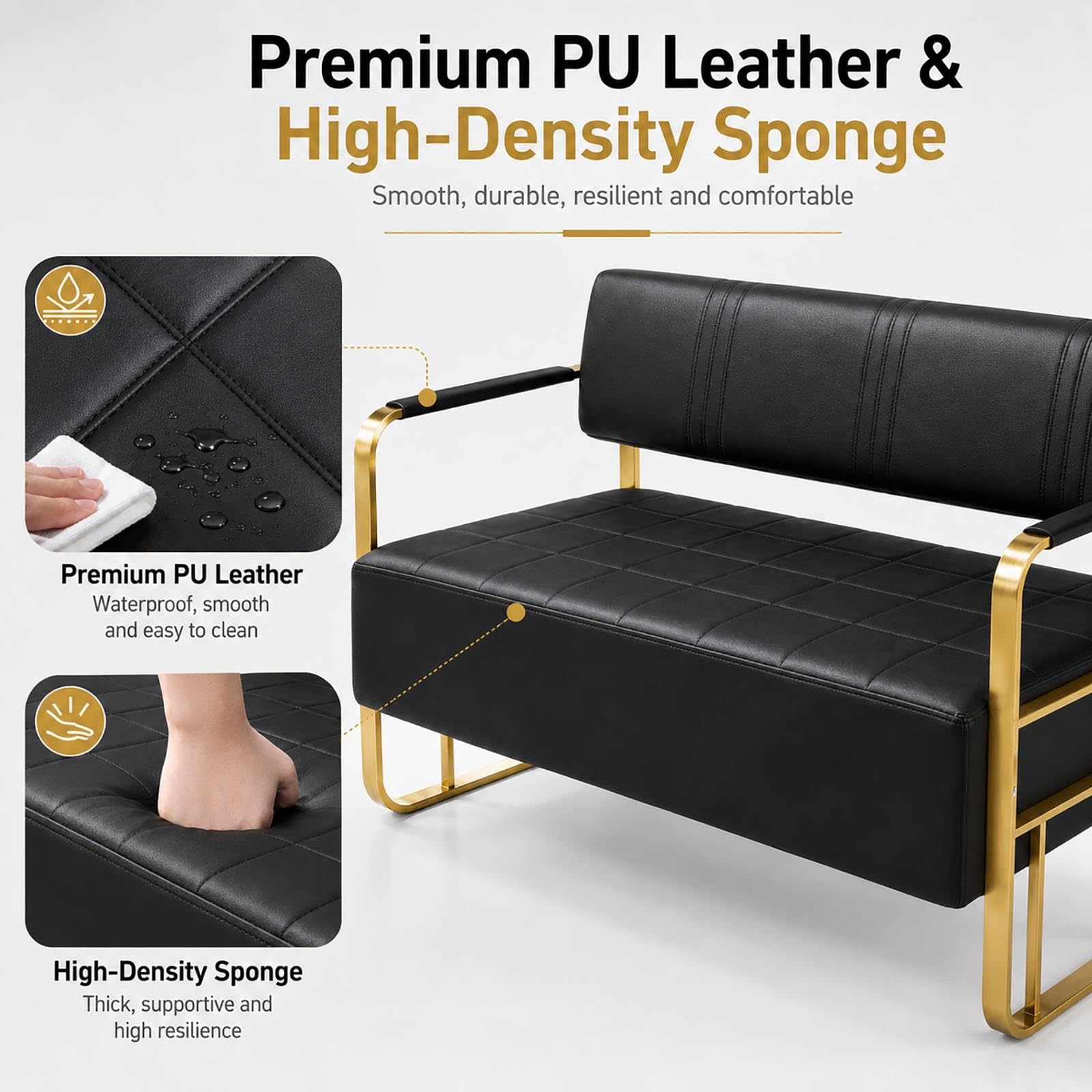 Ławka do Poczekalni z Ekoskóry PU, Sofa Recepcyjna ze Złotą Metalową Ramą