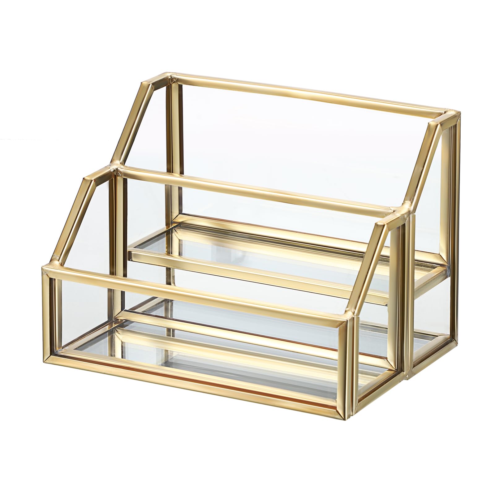 Fyozyon Glass Business Card Holder 2 Slots Gold Business Card Stand Mirrored Base Name Display Holder for Desk Multiple Clear Business Card Holder Display for Office (2 Slots)