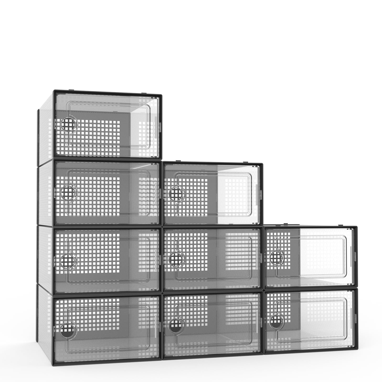 Potahouse Shoe Storage Organizer, 9 Pack X-Large Clear Plastic Stackable Shoe Boxes with Lids, Fit Size 11-12, Sneaker Containers Bins Space Saving for Entryway Closet Floor, Black