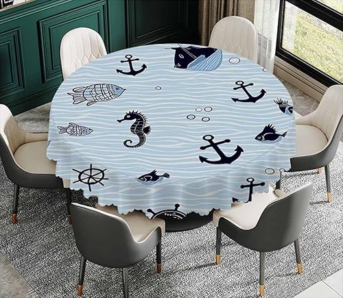 Miniatura 3 de IBILIU Mantel redondo náutico de 60 pulgadas, diseño de criaturas oceánicas, caballito de mar, tortuga, peces, barco, volante, poliéster, color azul