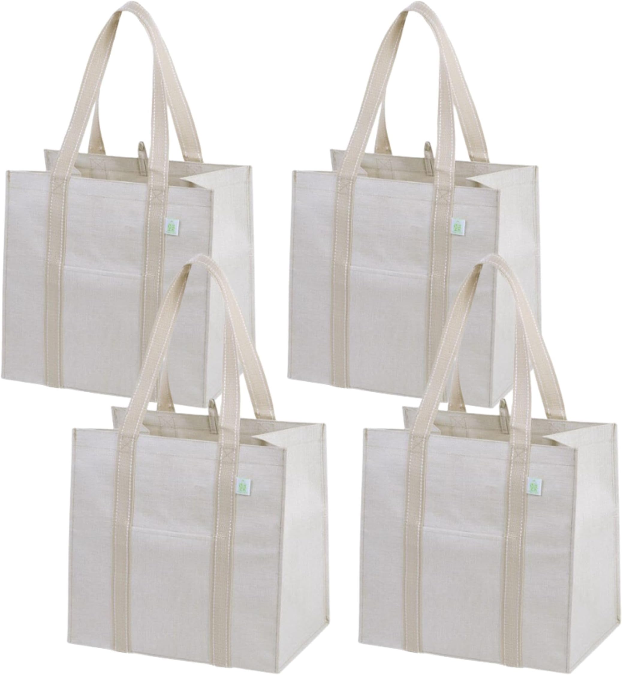 VENO 4 Pack Reusable Grocery Bags with Long Handle & Front Pocket, Heavy-Duty Shopping Tote Bags with Hard Bottom, Large Water Resistant Foldable Shopping Bags