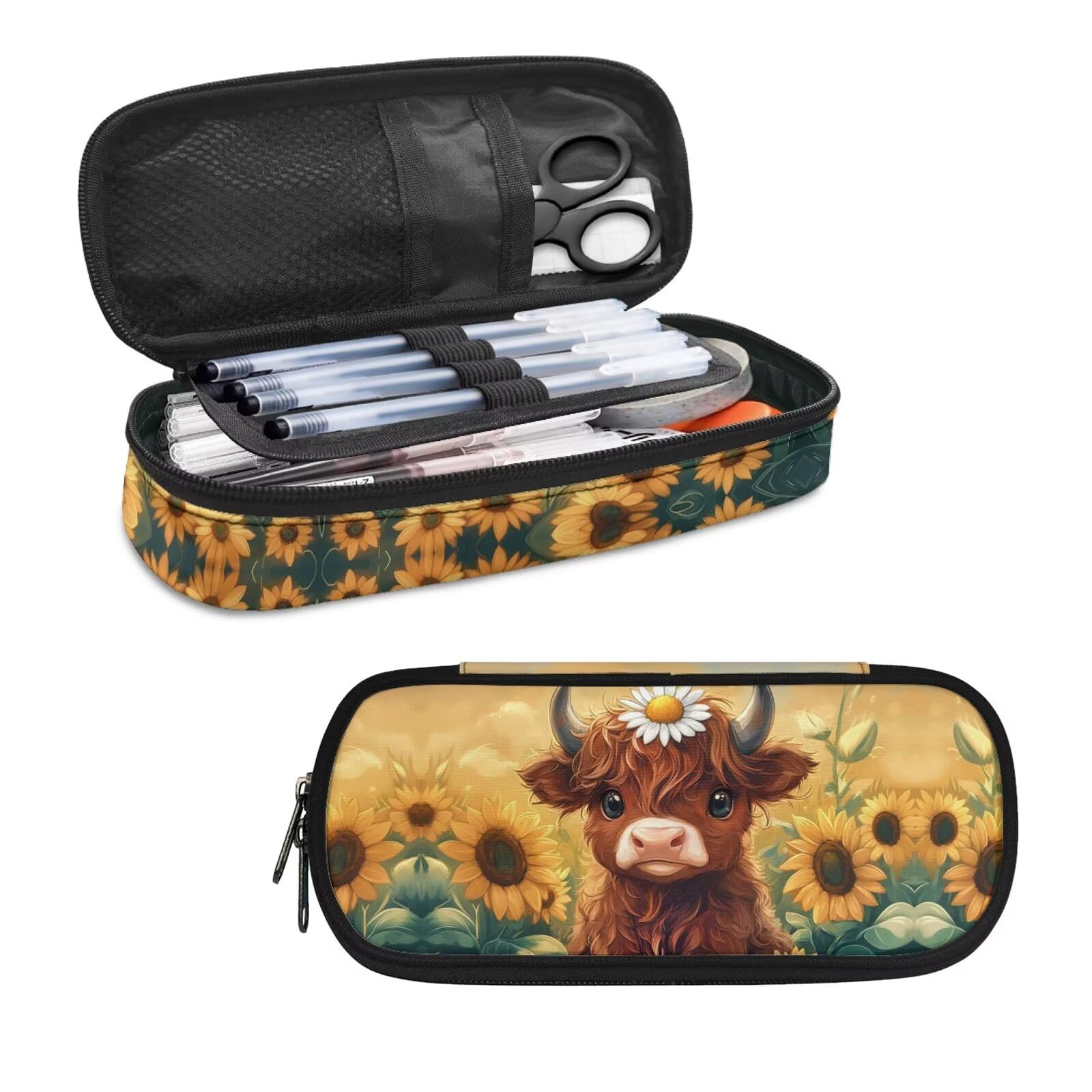 HELLHERO Highland Cow Pencil Case Aesthetic Pen Bag for Kids Girls Boys Pencil Holder Stationery Organzier Large Capacity Storage Pouch School Office