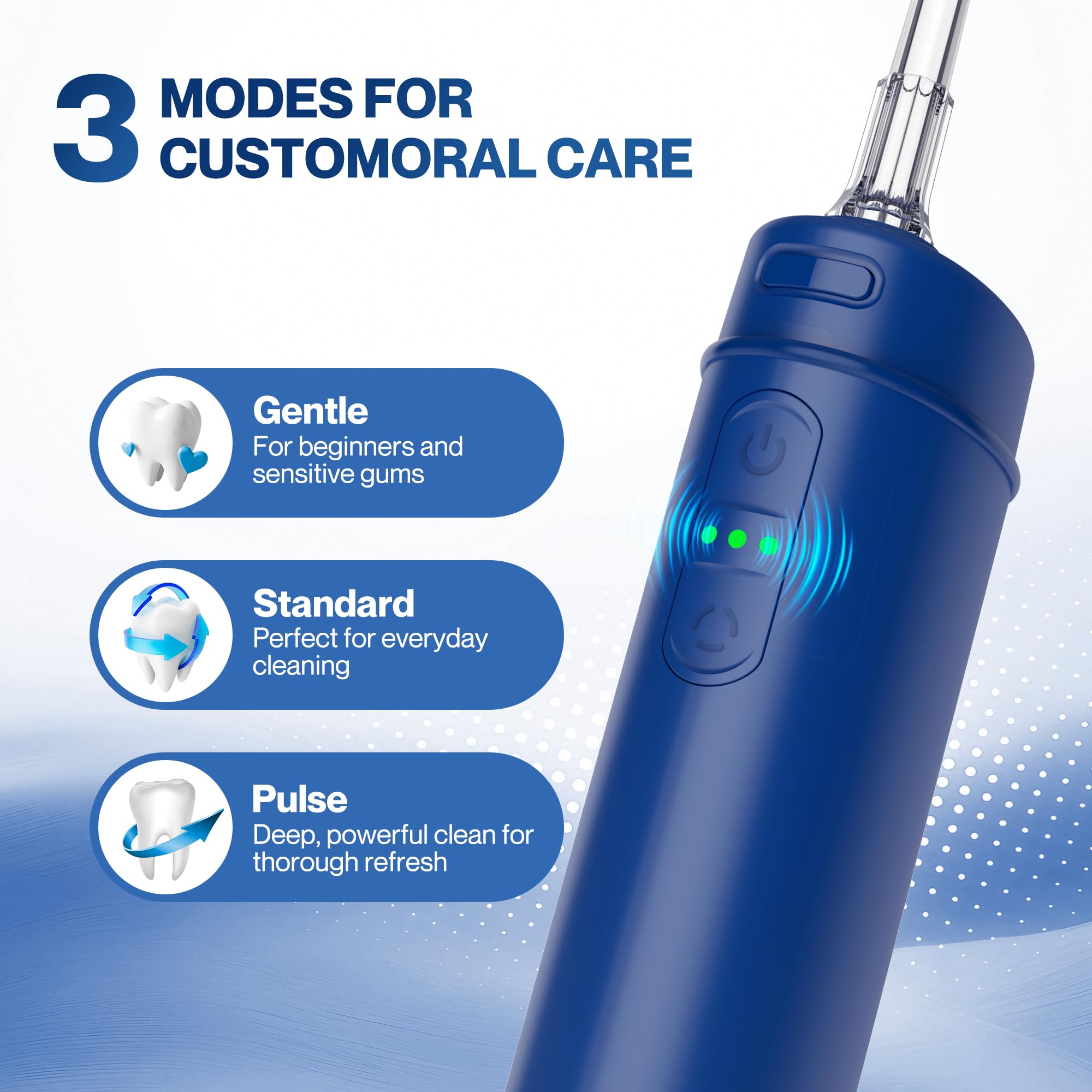 BarberBoss Flosser tascabile, irrigatore orale portatile per denti, 6 punte intercambiabili e design ricaricabile USB-C, idropulsore da viaggio con 3 modalità di pressione, QR-7116 (blu navy)
