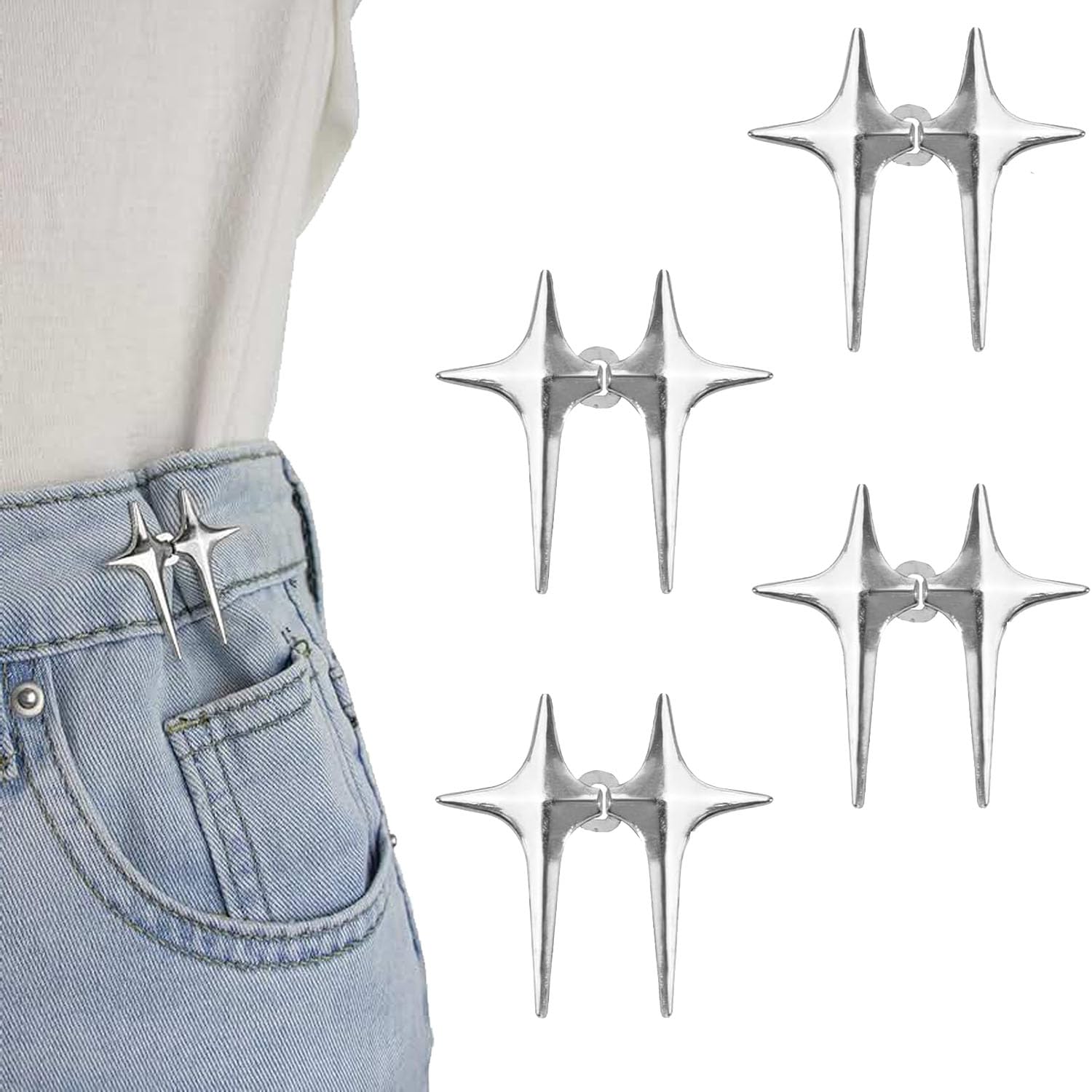 4PCS Waist Tightener Clips,Adjustable Detachable Trouser Adjuster Reducer for Jeans,Button Pin for Loose Jean Pant Star Shape Decorative Waist Tightening Clip for Trousers Dress Skirt No Sewing Silver