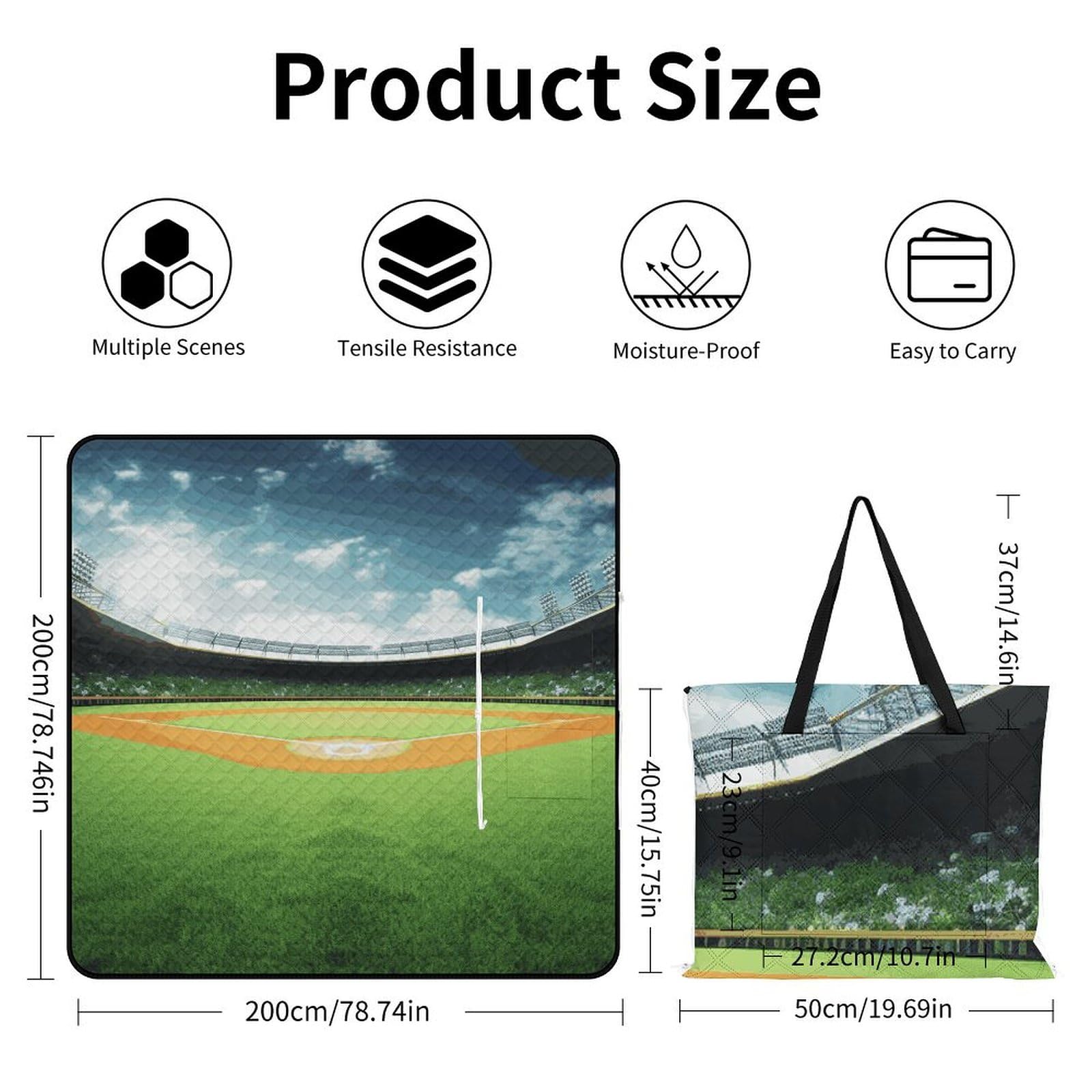 Coperta da picnic con sfondo verde da campo da baseball, lavabile in lavatrice, 200 cm x 200 cm, coperta da spiaggia compatta, pieghevole, impermeabile e anti-sabbia, extra large, tappetino da esterno