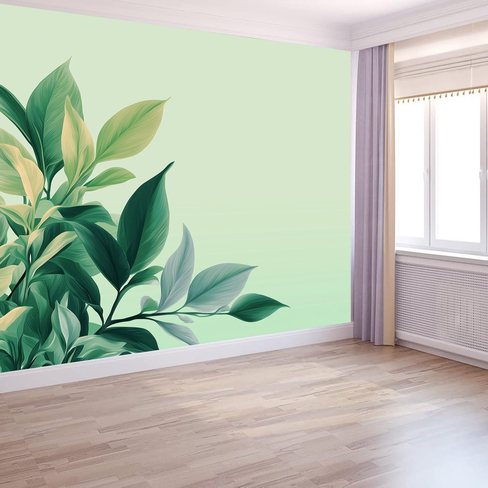 Tapeta z włókniny Proste Rośliny Liść Zbliżenie 300 x 210 cm, Panoramiczna Zielona Tapeta do Salonu Wystrój sypialni Tło TV, Dekoracja ścienna Wewnętrzna sypialnia