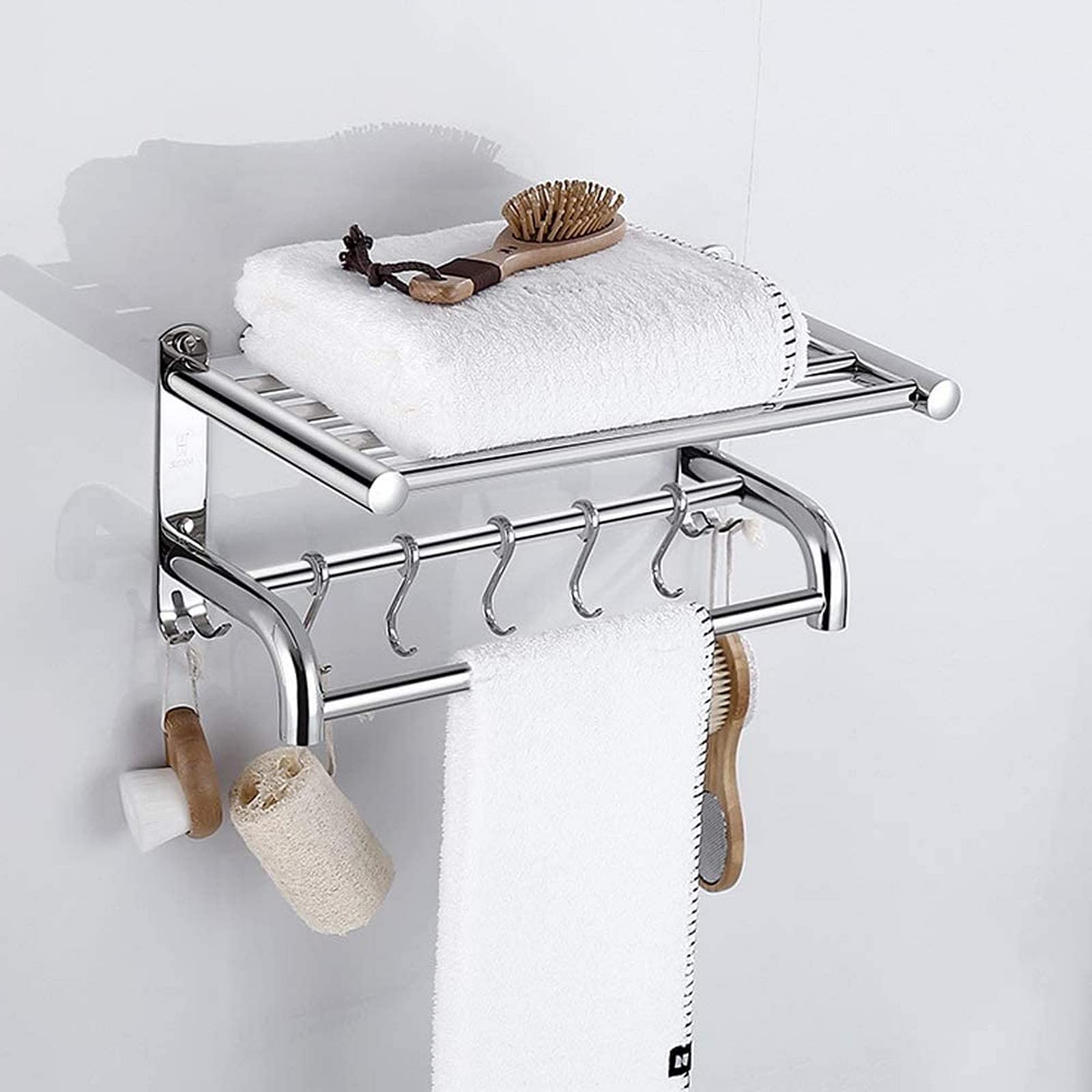 GONMDOPY Towel Rail,Bathroom Shelf Stainless Steel Bath Towel Rack Wall-Hung Bathroom Hardware Hanging Hotel Rack Shelf for Kitchen or Bathroom with Hooks/40Cm