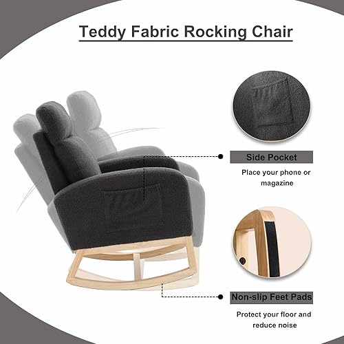 Miniatura 10 de FurniTribe Mecedoras para guardería, mecedora tapizada de madera con reposabrazos cómodos, mecedora de enfermería con patas de madera maciza para